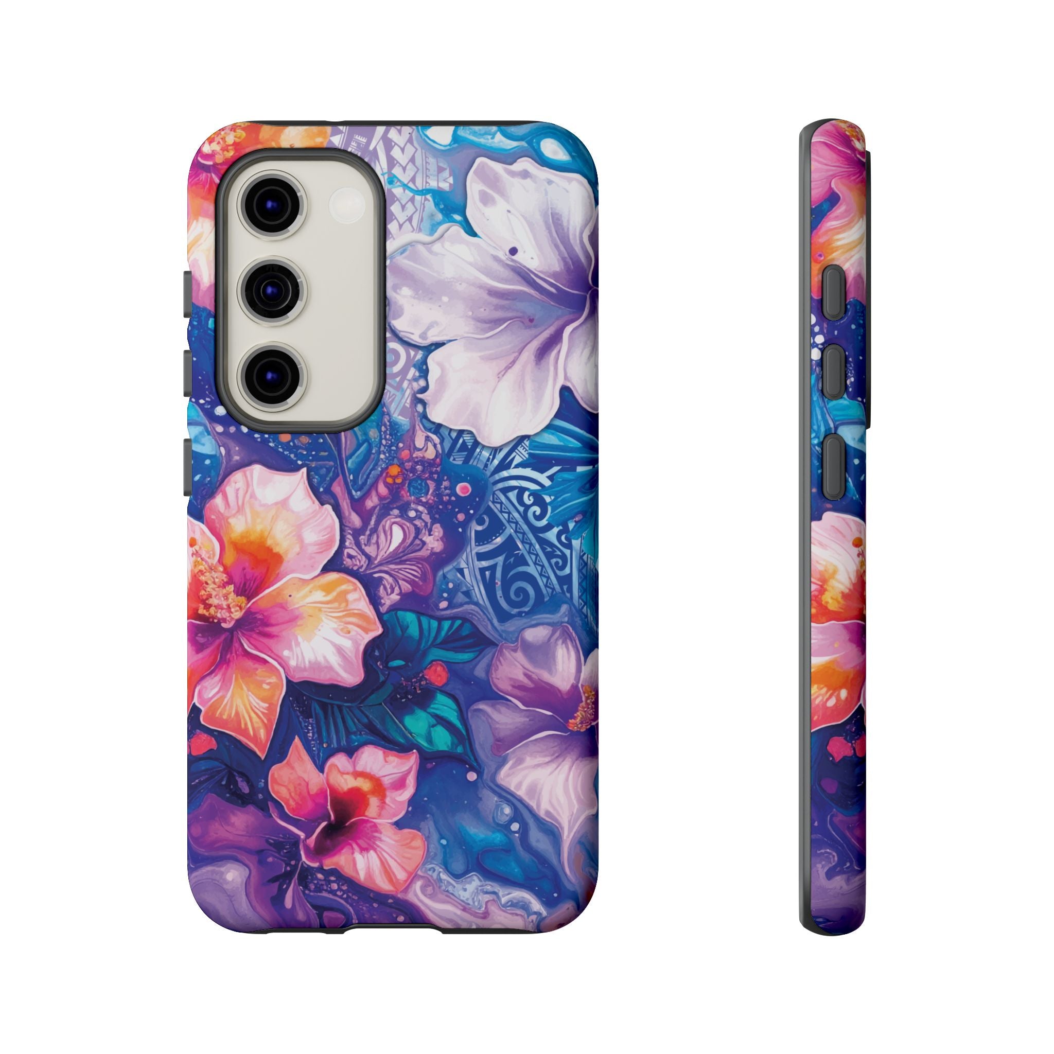 Woman holding Aloha Wai Tough Samsung Galaxy Case - Hawaiian Aloha Tropical Floral Design - The Local Banyan