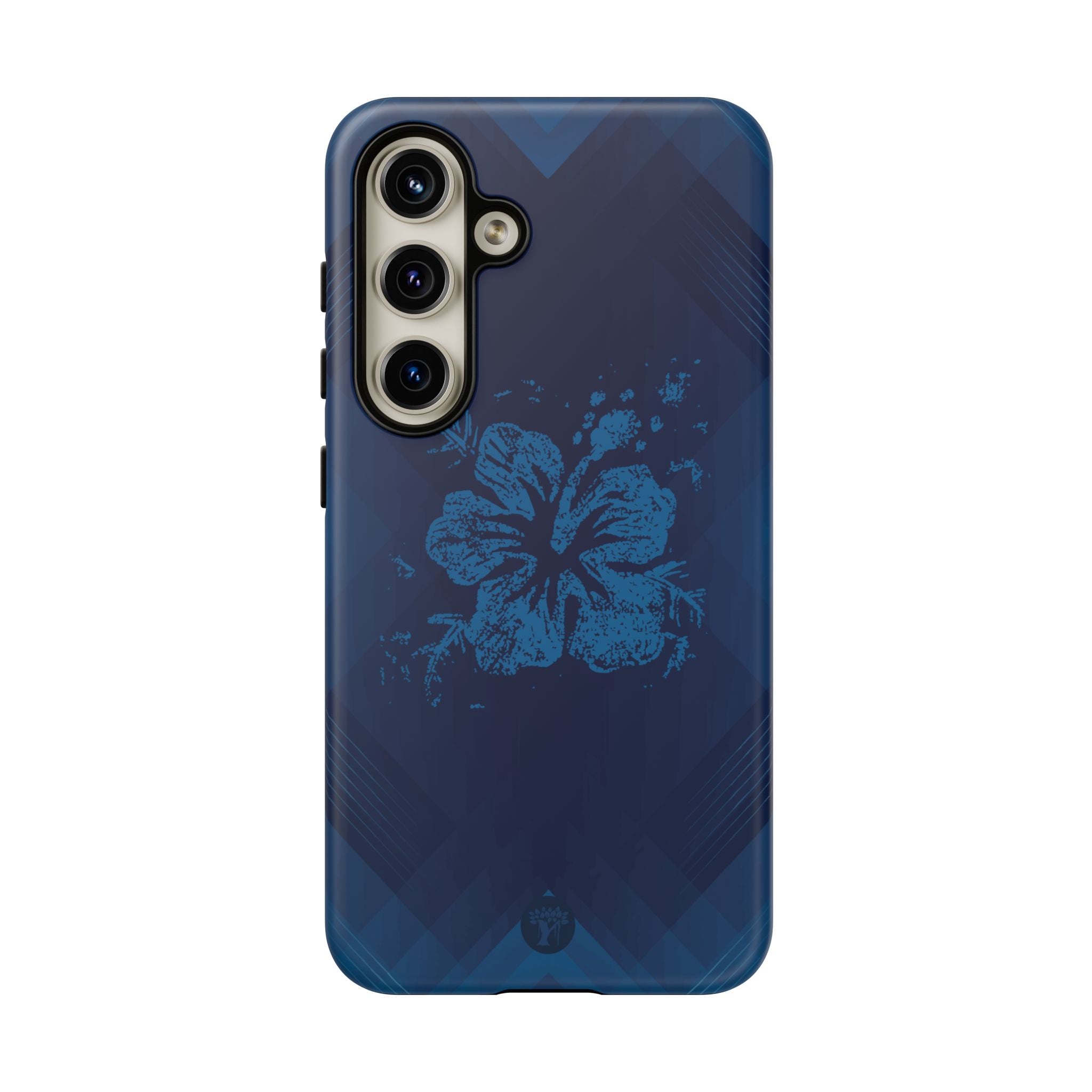 Woman holding Kikokiko Lehua Tough Samsung Galaxy Case - Hawaiian Navy Blue Geometric Hibiscus Design - The Local Banyan