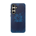 Woman holding Kikokiko Lehua Tough Samsung Galaxy Case - Hawaiian Navy Blue Geometric Hibiscus Design - The Local Banyan