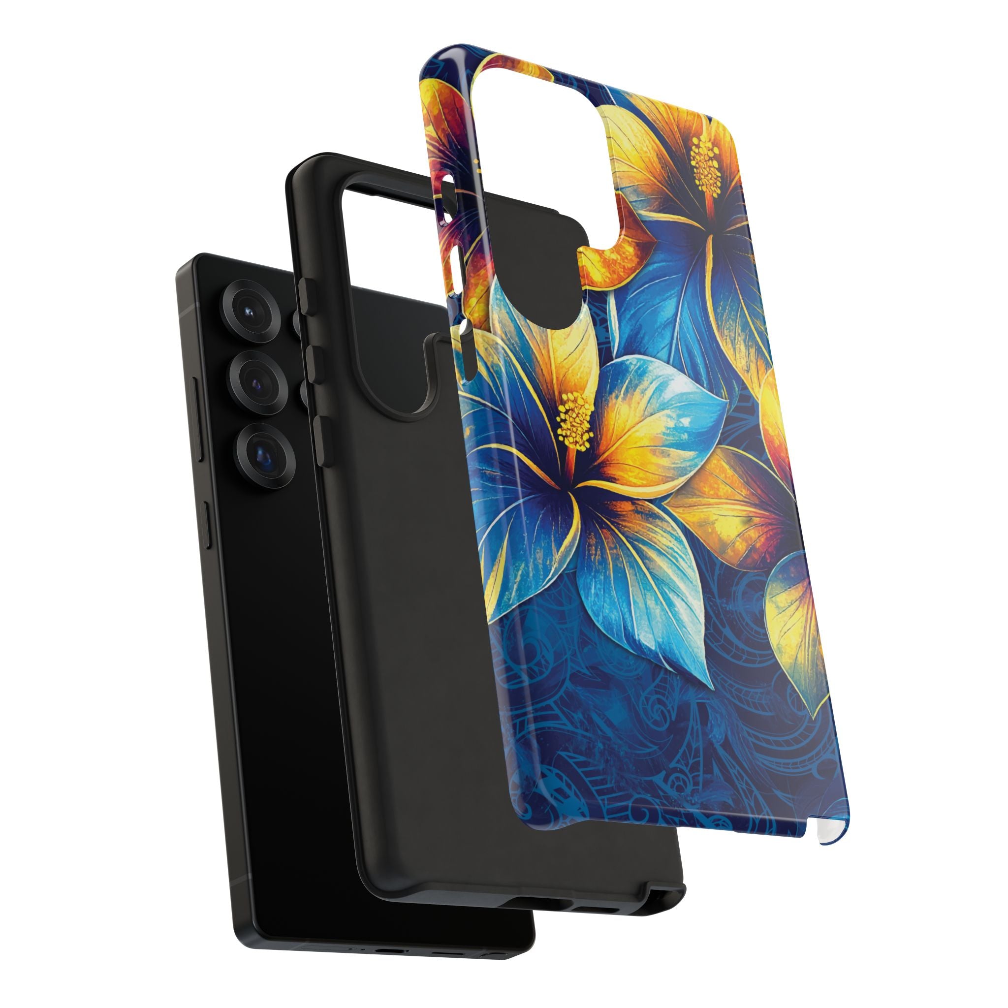 Woman holding Pua La Tough Samsung Galaxy Case - Hawaiian Golden Hibiscus Sun Flower Sapphire Design - The Local Banyan