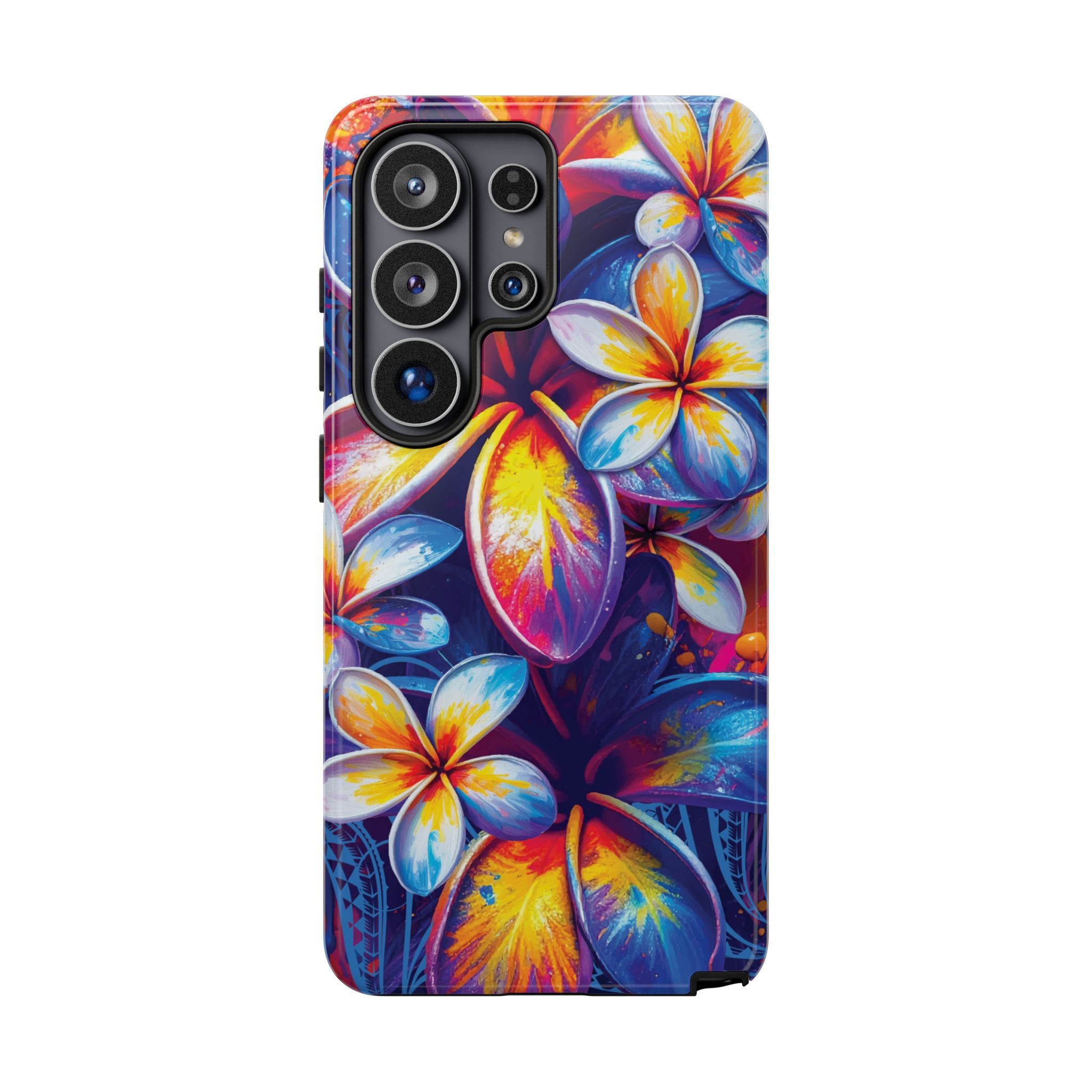 Woman holding Sunset Ink Tough Samsung Galaxy Case - Hawaiian Plumeria Street Art Graffiti Tropical Design - The Local Banyan