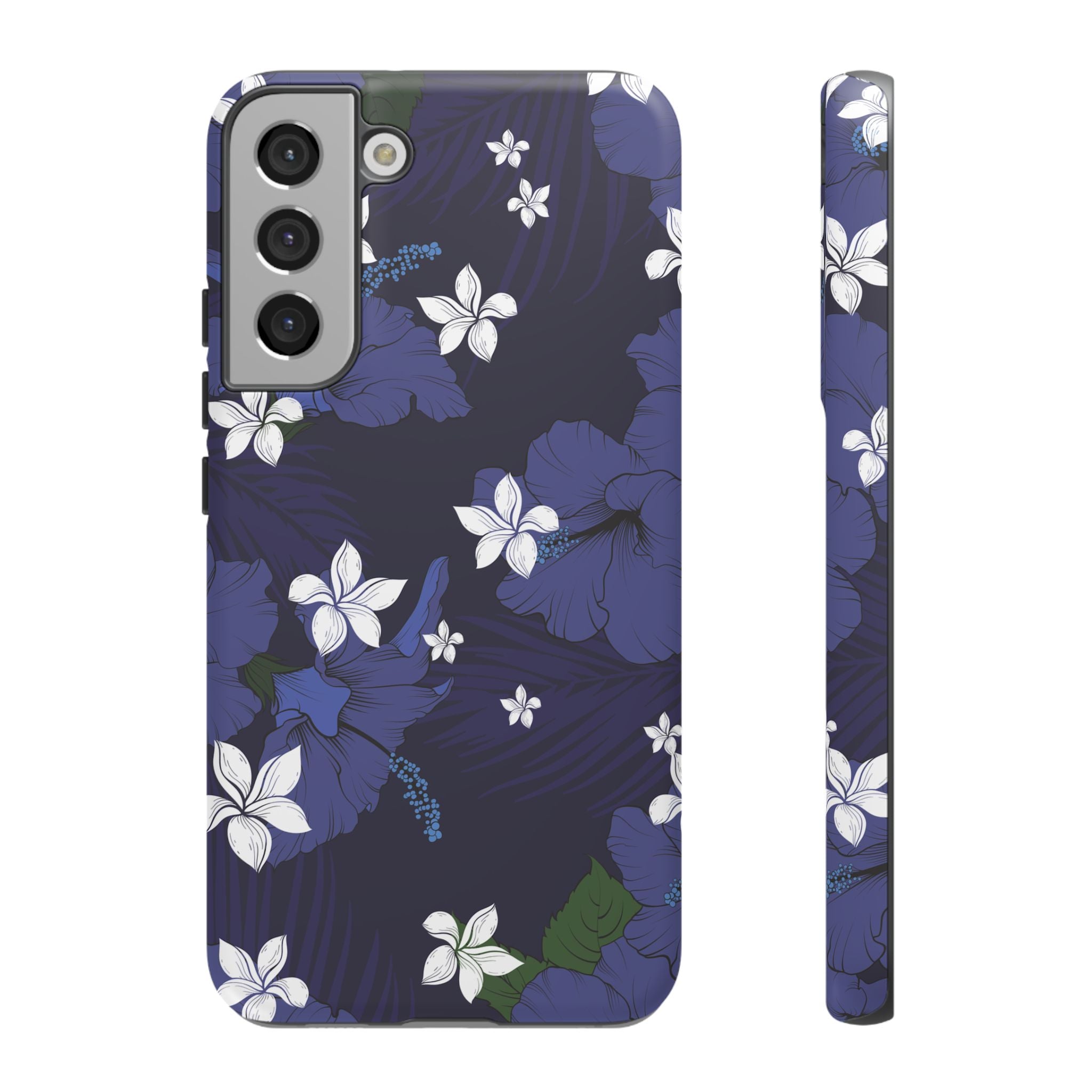 Vintage Blue Tough Samsung Galaxy Case Samsung Galaxy S22 Plus Matte - Hawaiian Indigo Hibiscus White Plumeria Design - The Local Banyan