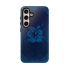 Kikokiko Lehua Tough Samsung Galaxy Case Detail View - Hawaiian Navy Blue Geometric Hibiscus Design Close Up - The Local Banyan