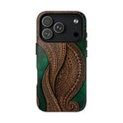 Woman holding Island Kalai MagSafe iPhone Case - Hawaiian Carved Wood Grain Emerald Green Tribal Design - The Local Banyan