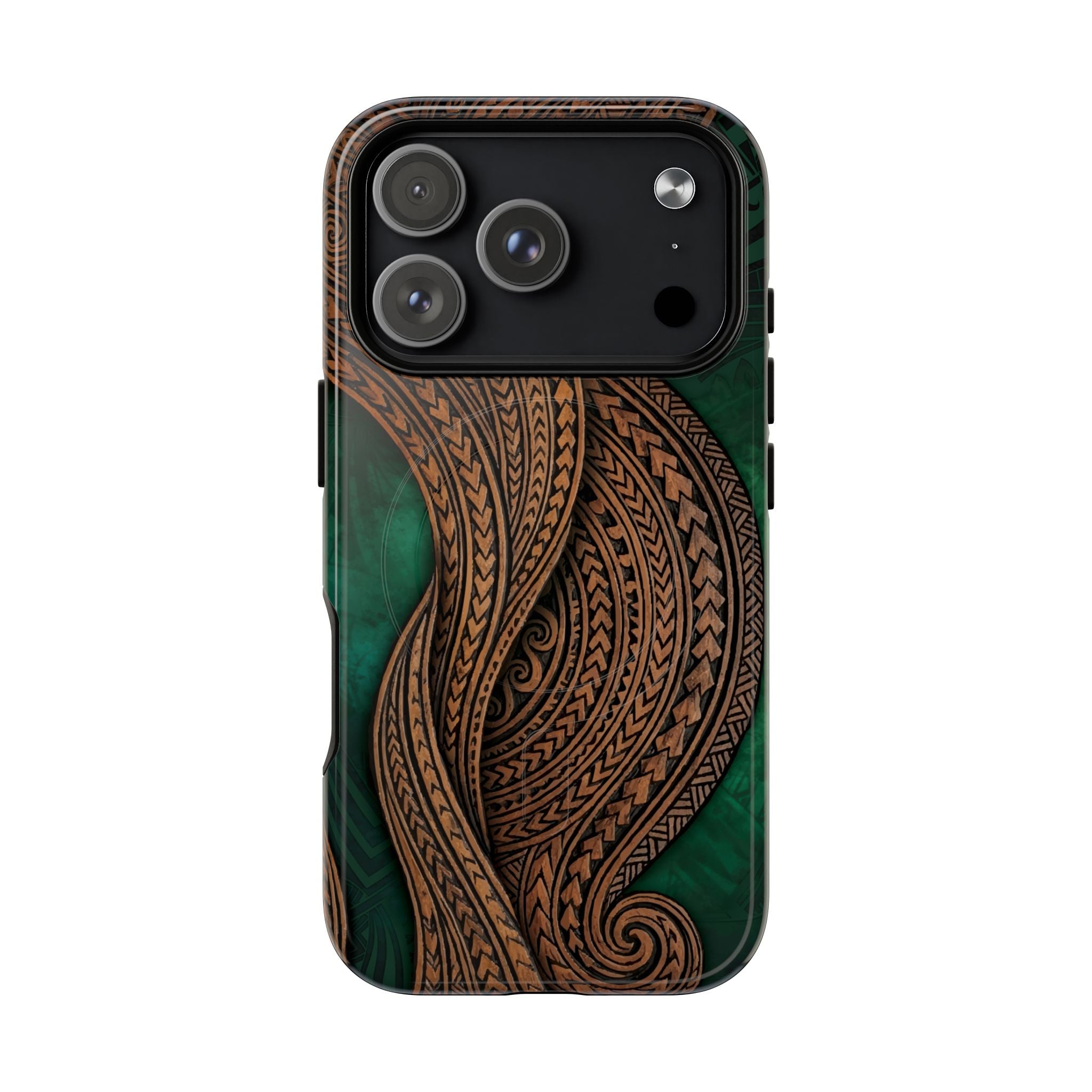 Woman holding Island Kalai MagSafe iPhone Case - Hawaiian Carved Wood Grain Emerald Green Tribal Design - The Local Banyan
