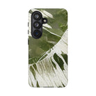 Woman holding Island Breeze Tough Samsung Galaxy Case - Hawaiian Palm Leaf Olive Green Botanical Design - The Local Banyan