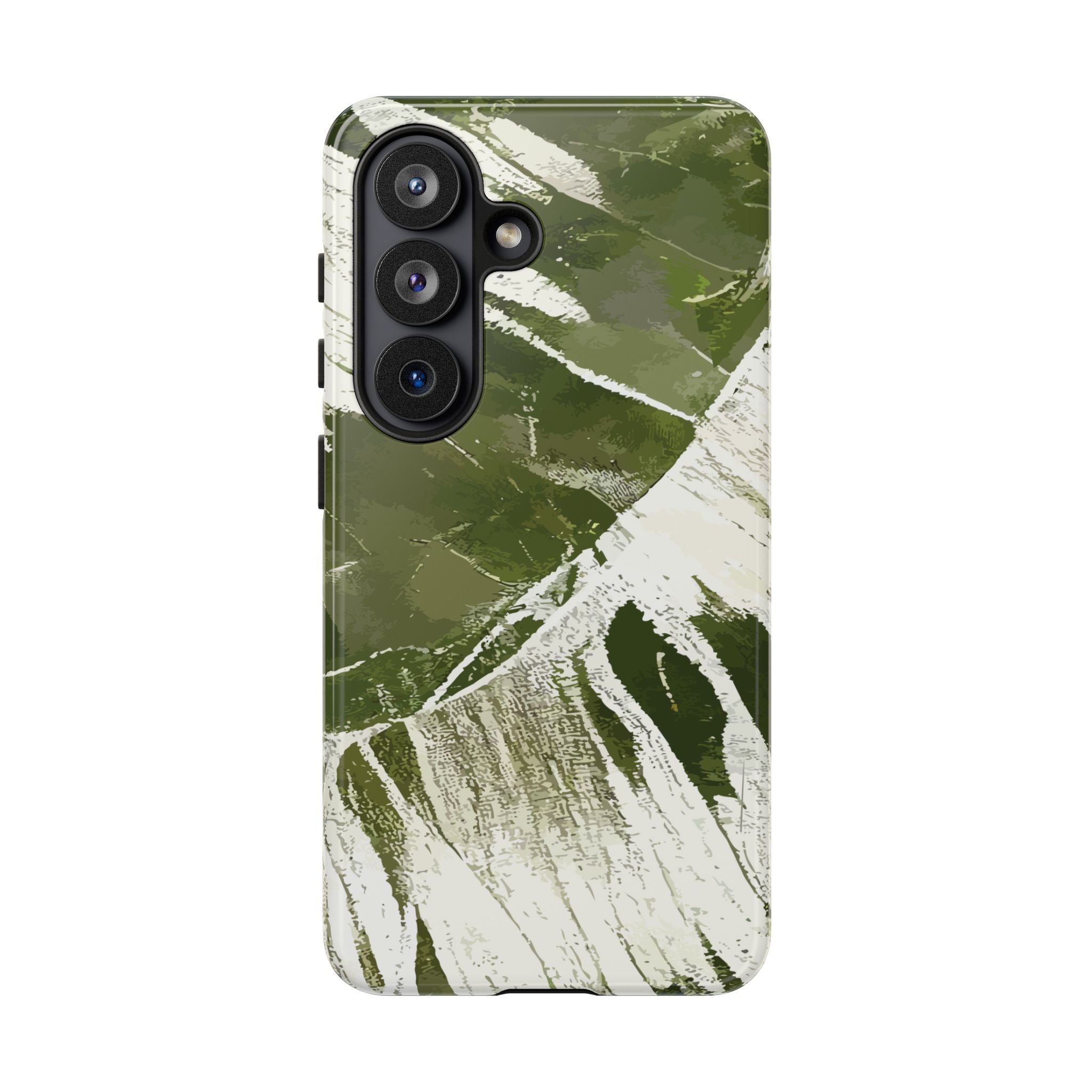 Woman holding Island Breeze Tough Samsung Galaxy Case - Hawaiian Palm Leaf Olive Green Botanical Design - The Local Banyan