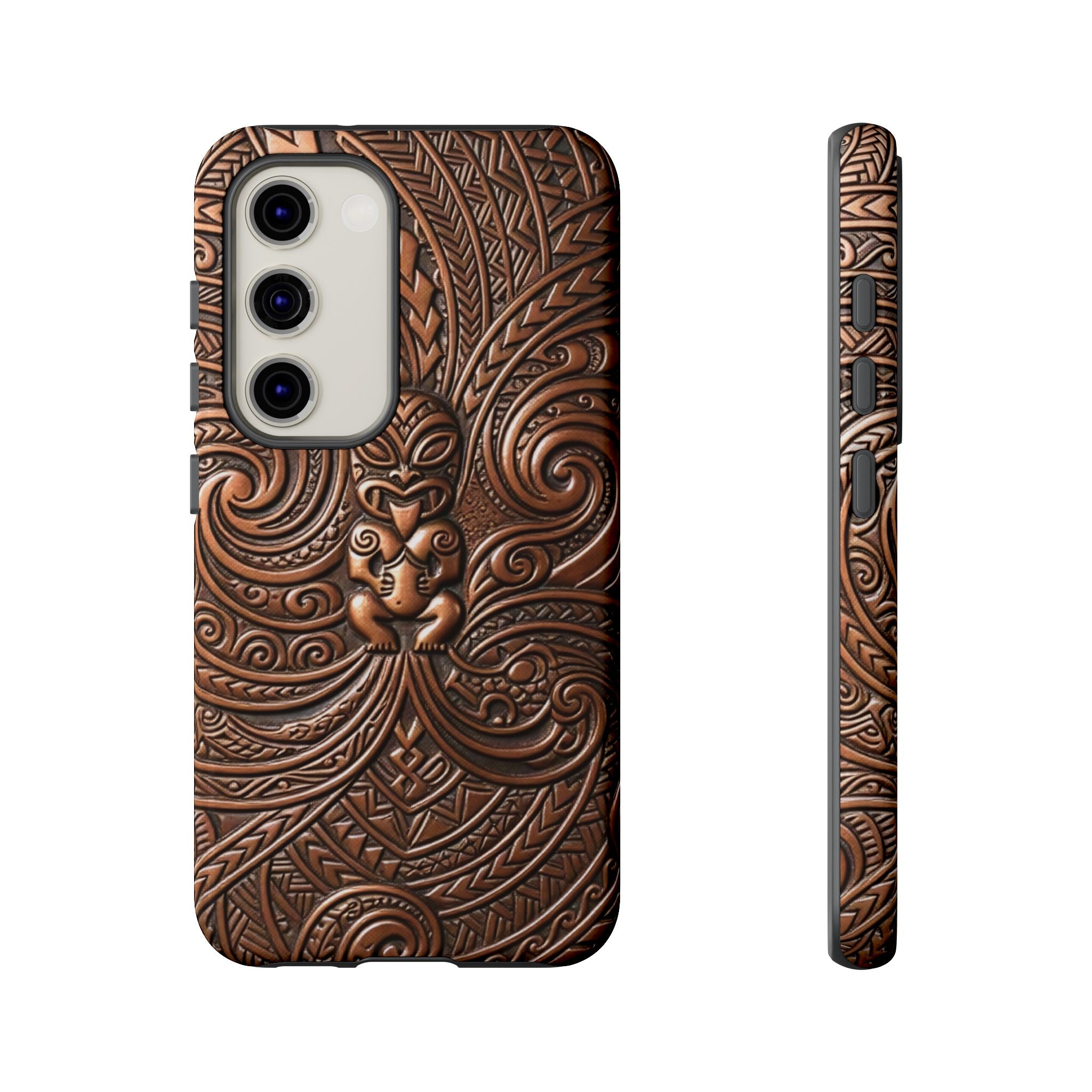 Paa Guardian Tough Samsung Galaxy Case Detail View - Hawaiian Copper Carved Tiki Polynesian Design Close Up - The Local Banyan