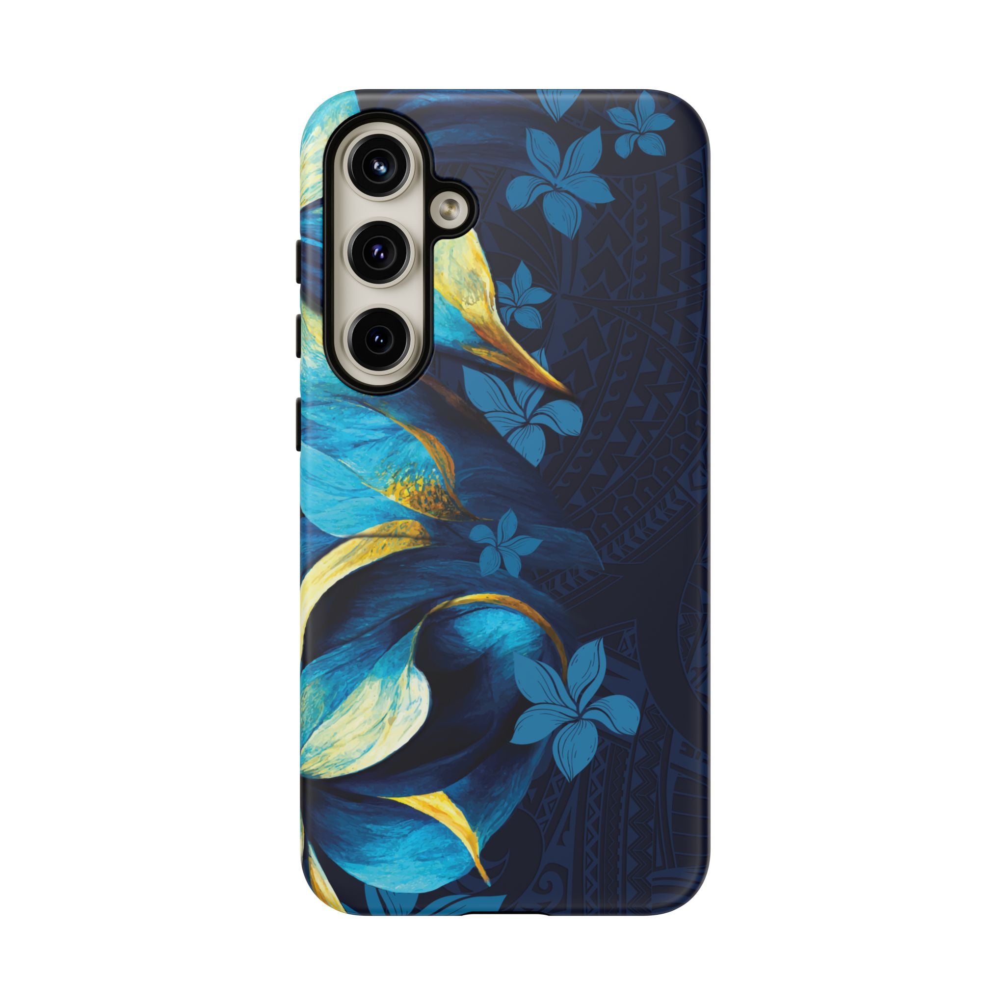 Woman holding Po Mahina Tough Samsung Galaxy Case - Hawaiian Moonlit Teal Gold Floral Design - The Local Banyan