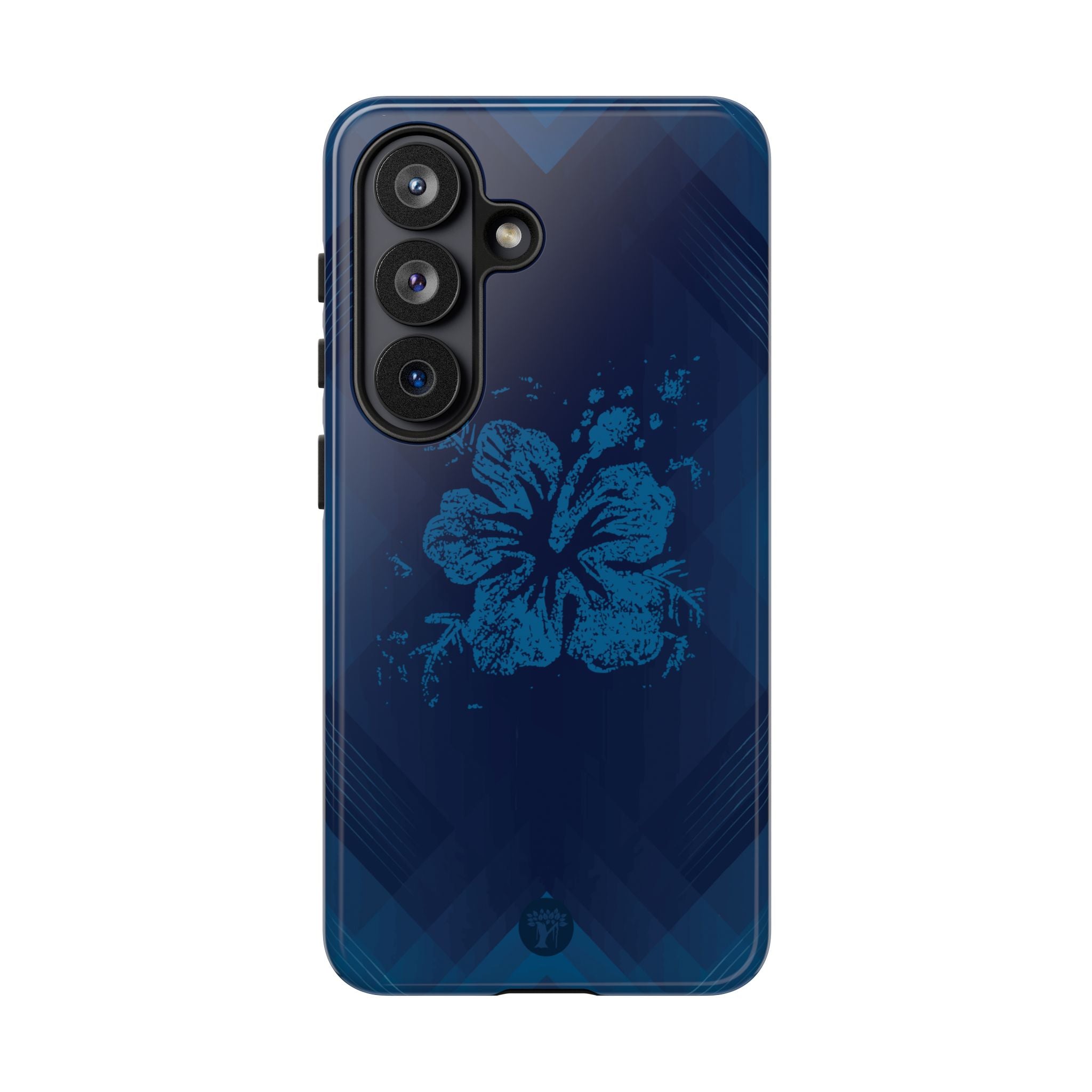 Kikokiko Lehua Tough Samsung Galaxy Case Detail View - Hawaiian Navy Blue Geometric Hibiscus Design Close Up - The Local Banyan