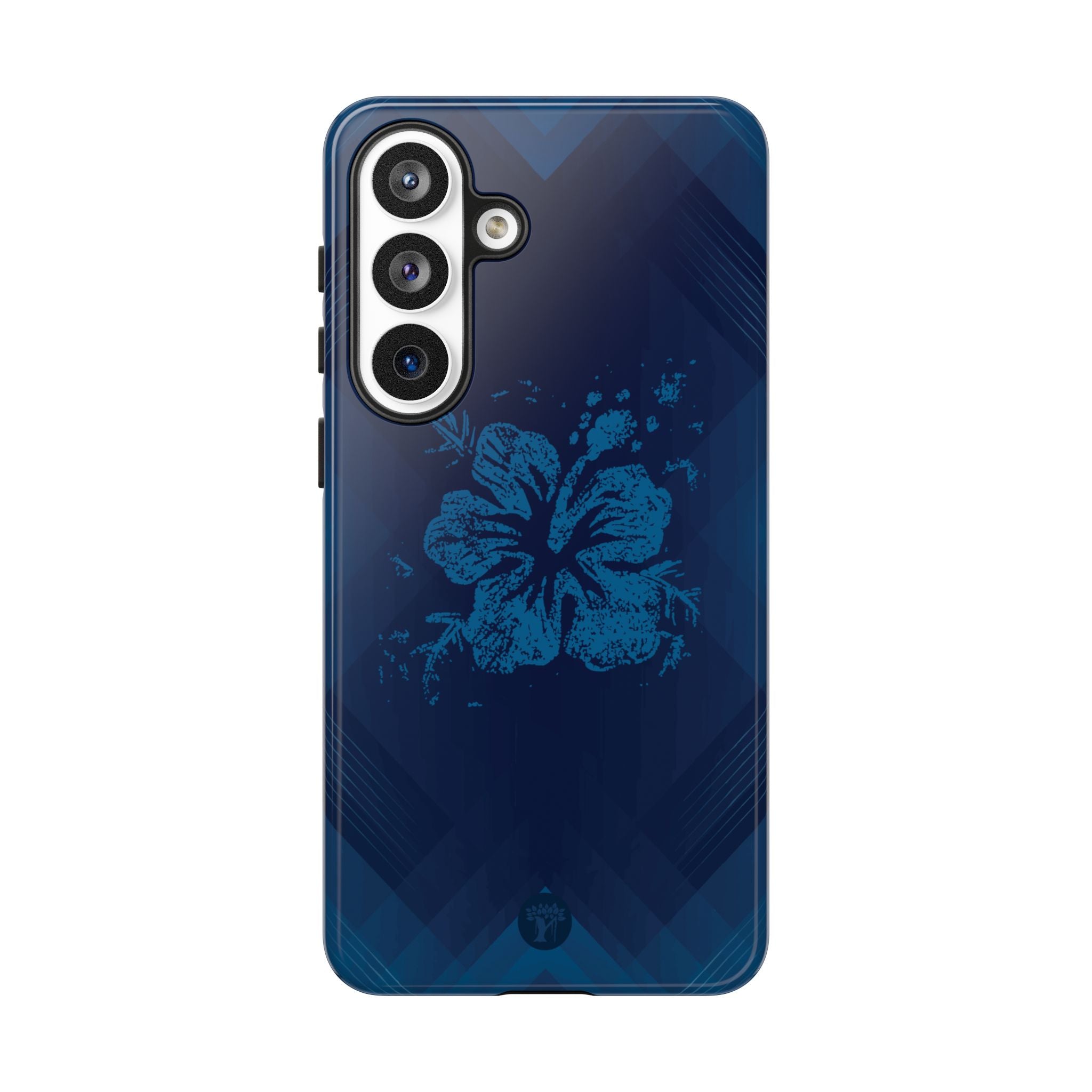 Woman holding Kikokiko Lehua Tough Samsung Galaxy Case - Hawaiian Navy Blue Geometric Hibiscus Design - The Local Banyan