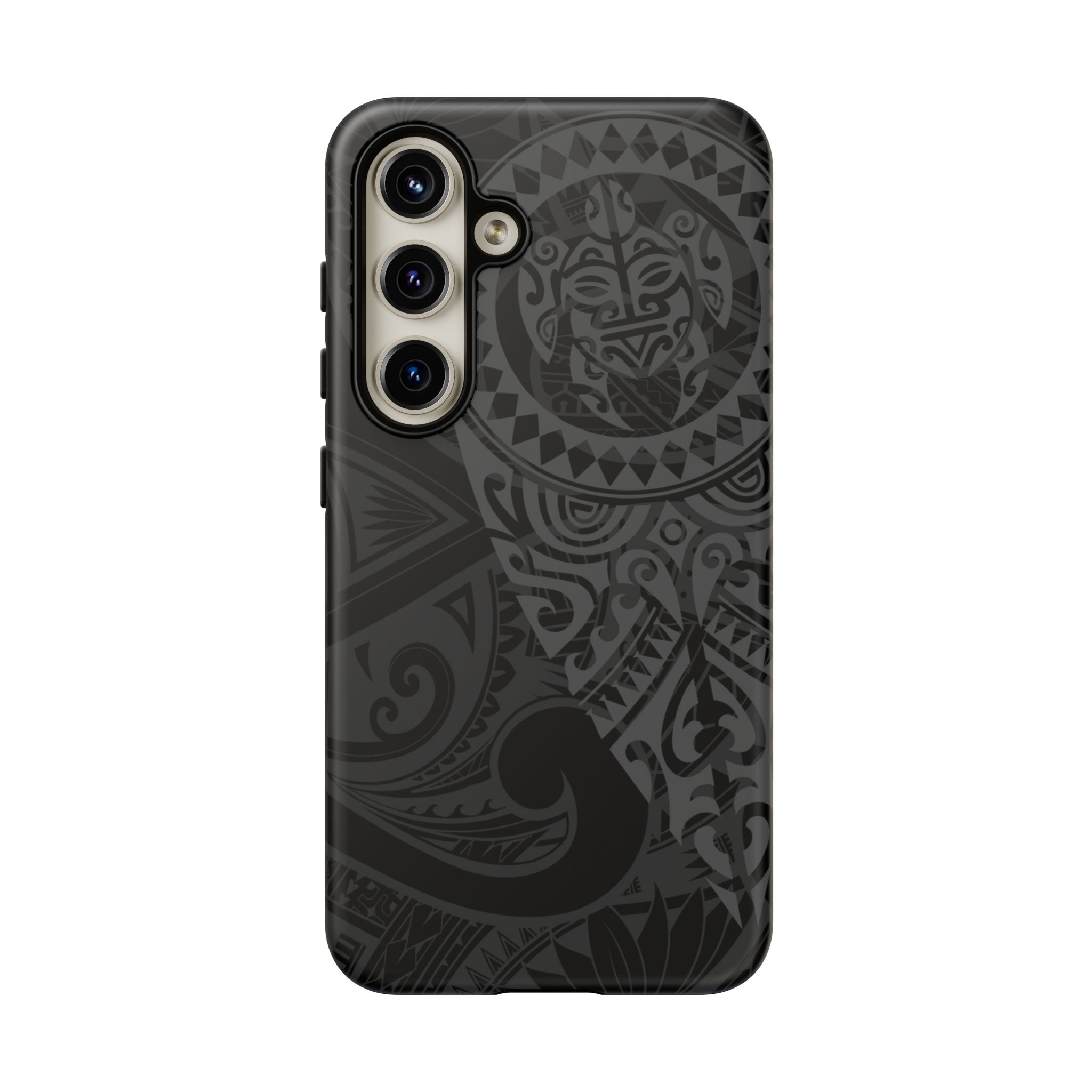 Woman holding Tribal Guardian Tough Samsung Galaxy Case - Hawaiian Black on Black Polynesian Tribal Design - The Local Banyan