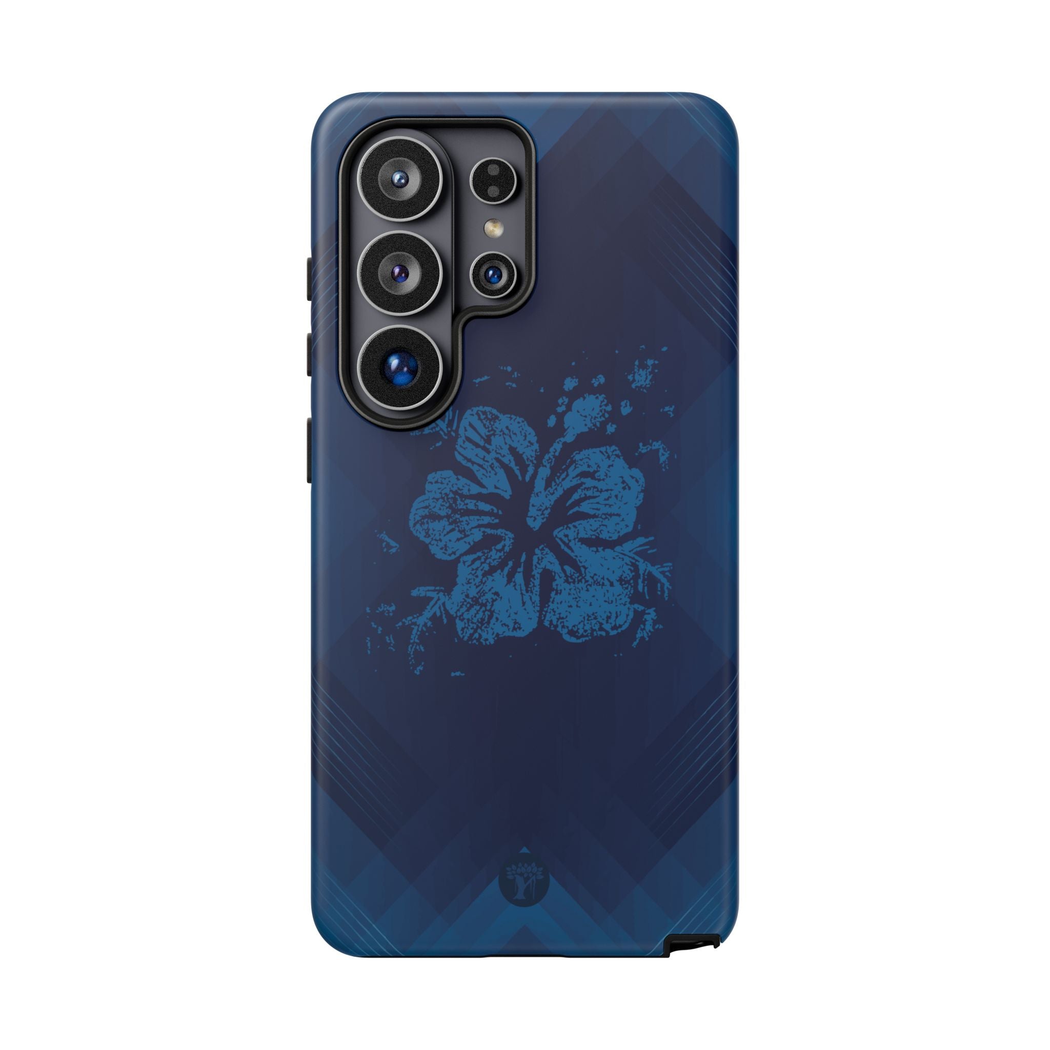 Woman holding Kikokiko Lehua Tough Samsung Galaxy Case - Hawaiian Navy Blue Geometric Hibiscus Design - The Local Banyan