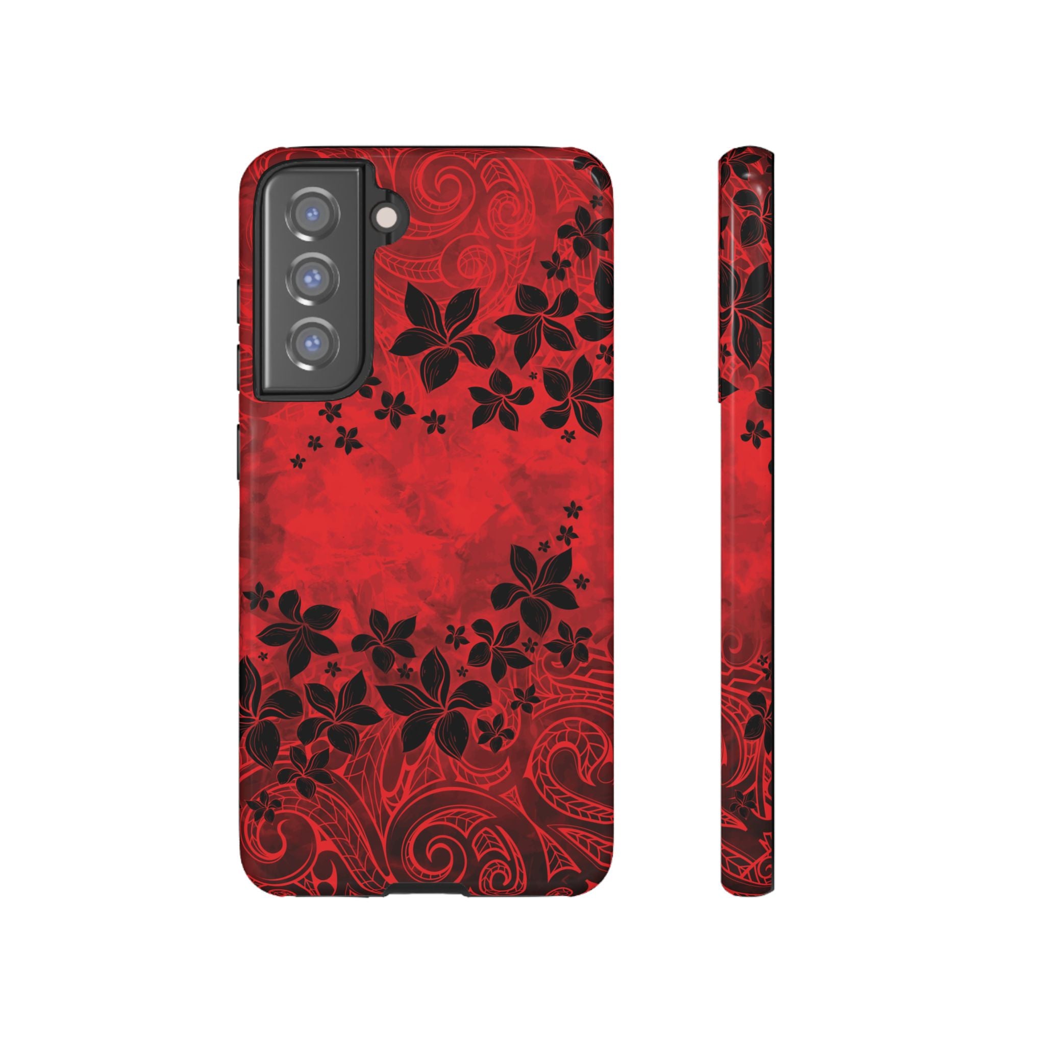 Keahi Pua Tough Samsung Galaxy Case Samsung Galaxy S21 FE Glossy - Hawaiian Fire Flower Red Tribal Floral Design - The Local Banyan