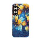 Woman holding Pua La Tough Samsung Galaxy Case - Hawaiian Golden Hibiscus Sun Flower Sapphire Design - The Local Banyan