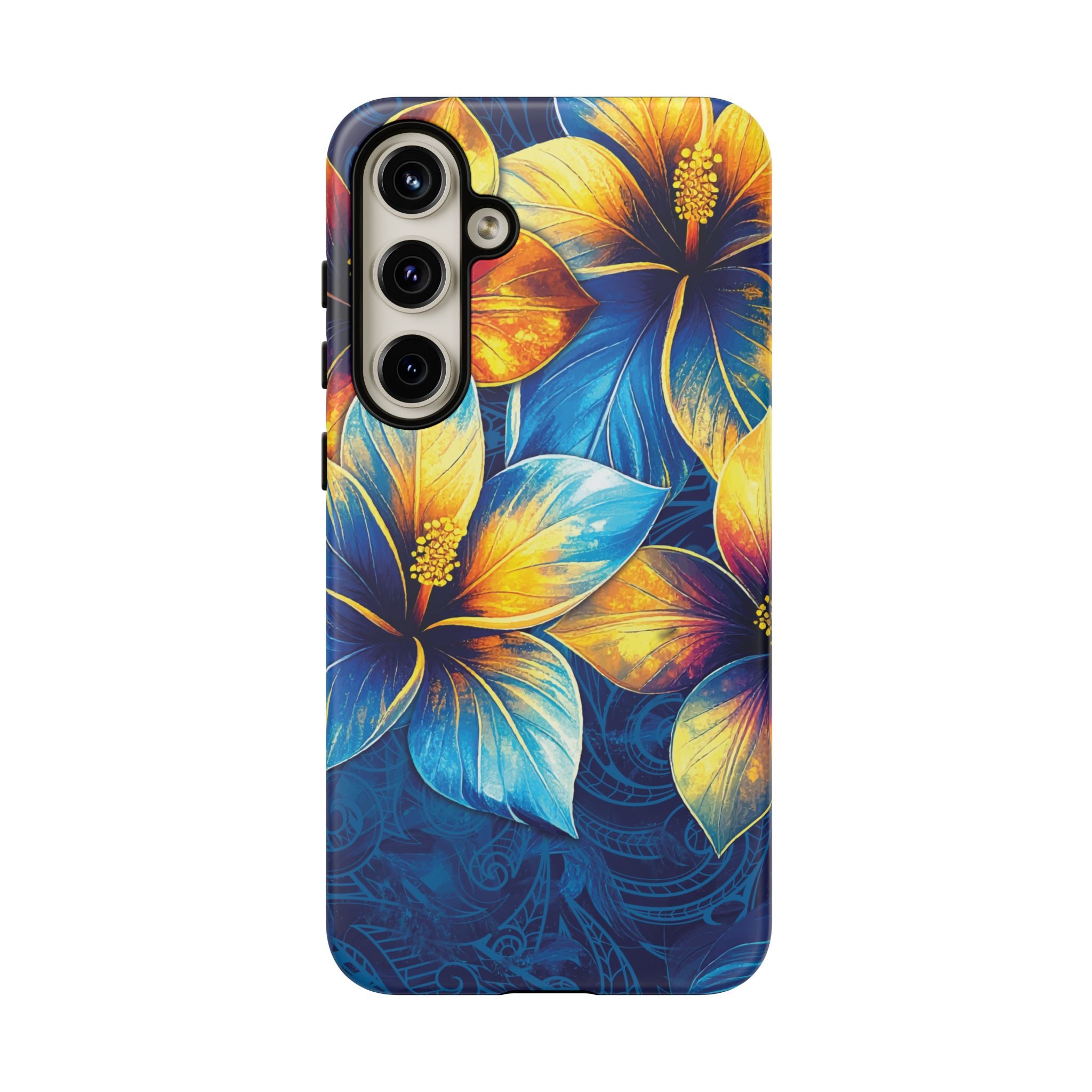 Woman holding Pua La Tough Samsung Galaxy Case - Hawaiian Golden Hibiscus Sun Flower Sapphire Design - The Local Banyan