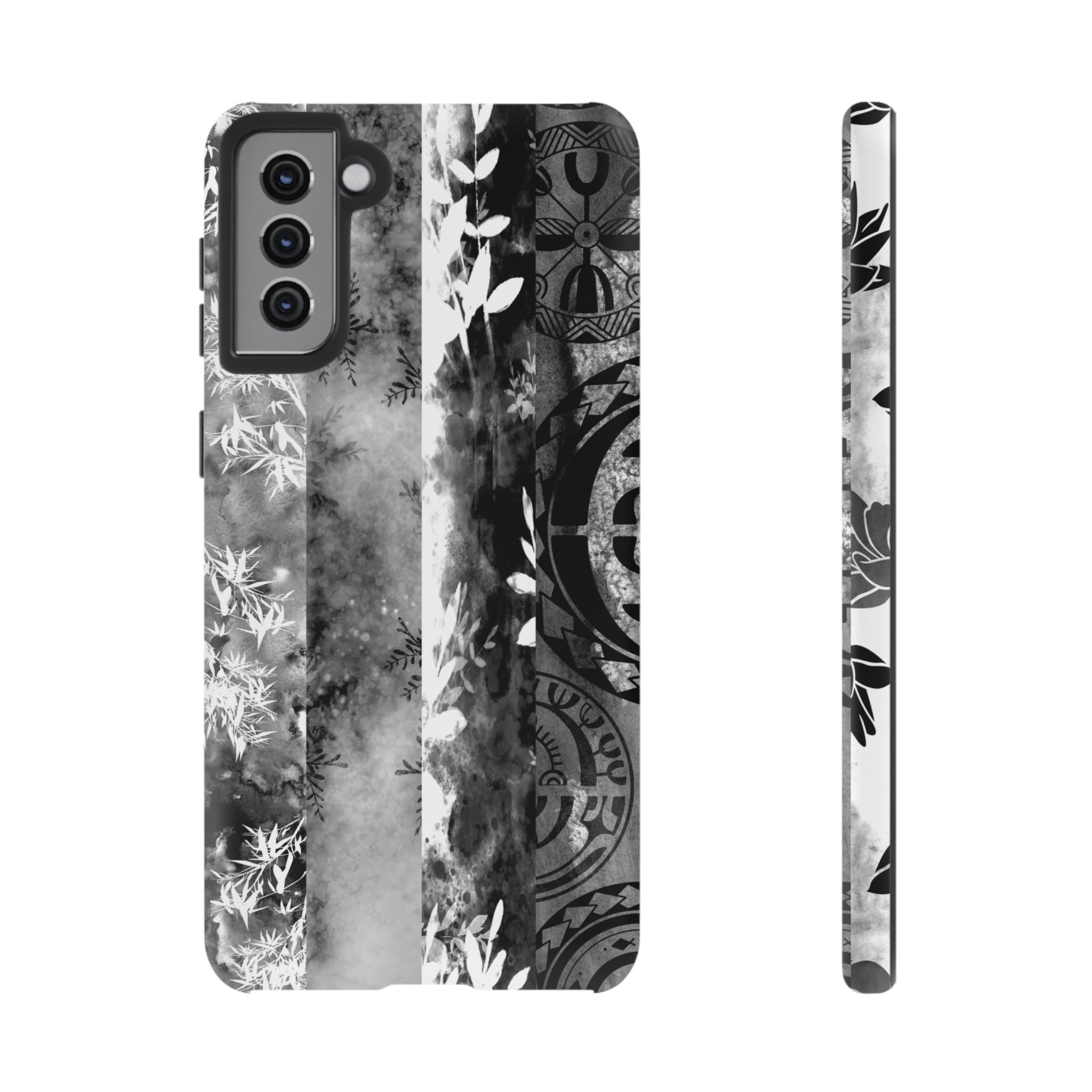 Monochrome Oasis Tough Samsung Galaxy Case Samsung Galaxy S21 Plus Matte - Hawaiian Black White Botanical Tribal Design - The Local Banyan