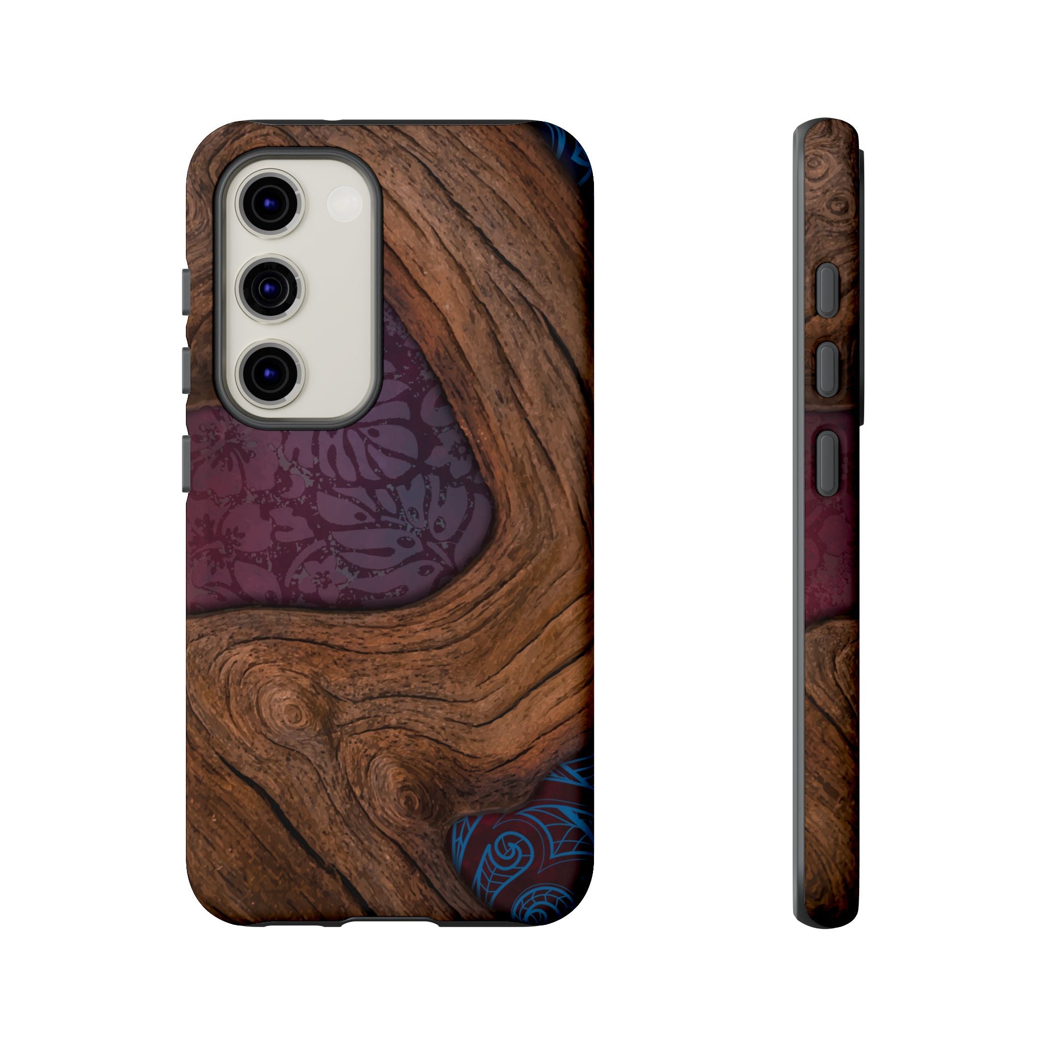 Rooted Tough Samsung Galaxy Case Detail View - Hawaiian Koa Wood Island Strength Tribal Design Close Up - The Local Banyan