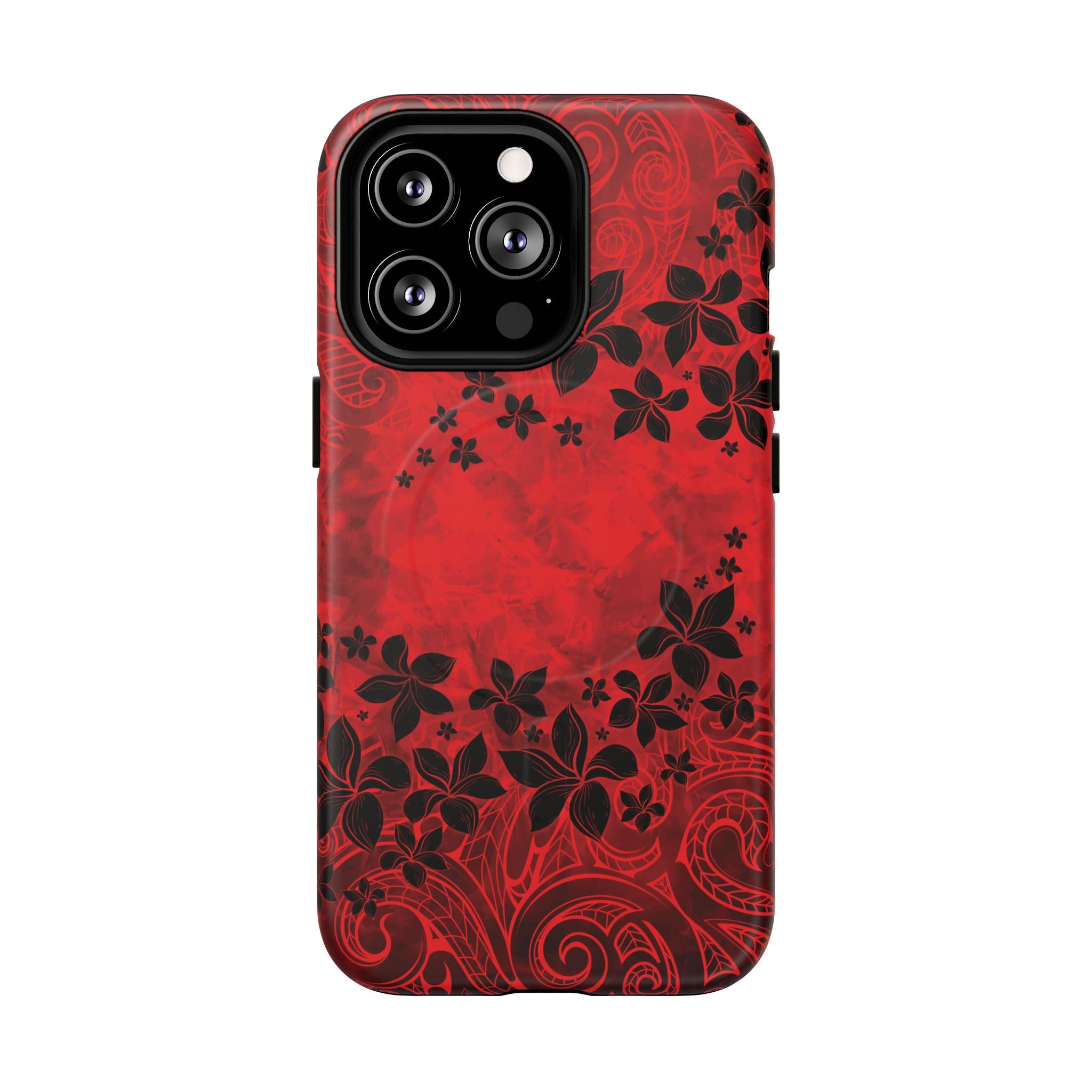 Keahi Pua MagSafe iPhone Case Detail View - Hawaiian Fire Flower Red Tribal Floral Design Close Up - The Local Banyan