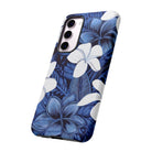 Woman holding Eternal Blue Plumeria Tough Samsung Galaxy Case - Hawaiian Blue Plumeria Ocean Floral Design - The Local Banyan