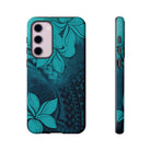 Woman holding Moana Bloom Tough Samsung Galaxy Case - Hawaiian Teal Plumeria Ocean Tribal Design - The Local Banyan