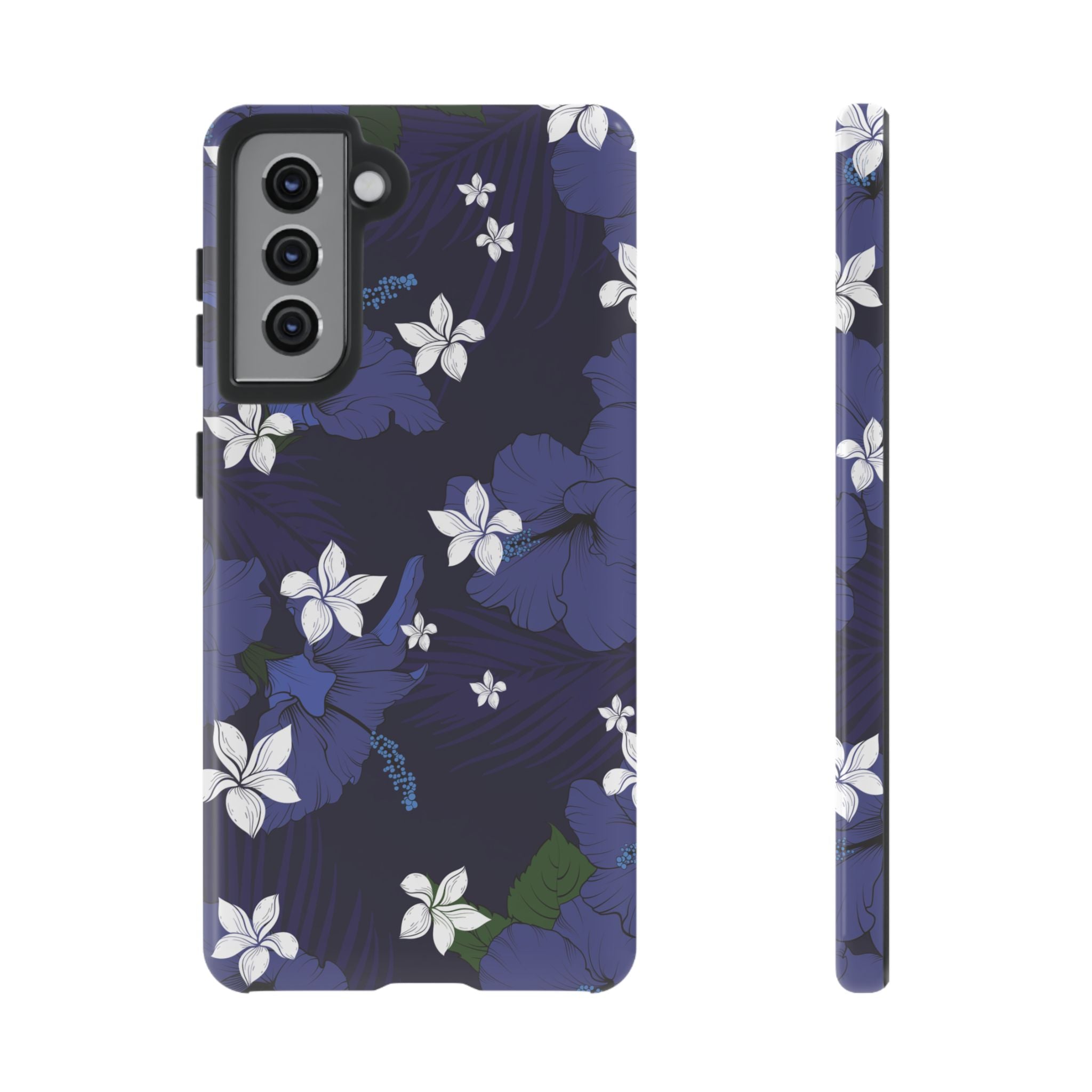 Vintage Blue Tough Samsung Galaxy Case Samsung Galaxy S21 Glossy - Hawaiian Indigo Hibiscus White Plumeria Design - The Local Banyan