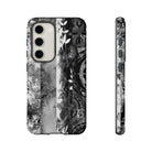 Woman holding Monochrome Oasis Tough Samsung Galaxy Case - Hawaiian Black White Botanical Tribal Design - The Local Banyan