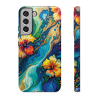 Aloalo Drift Tough Samsung Galaxy Case Samsung Galaxy S22 Plus Glossy - Hawaiian Hibiscus Teal Ocean Wave Design - The Local Banyan