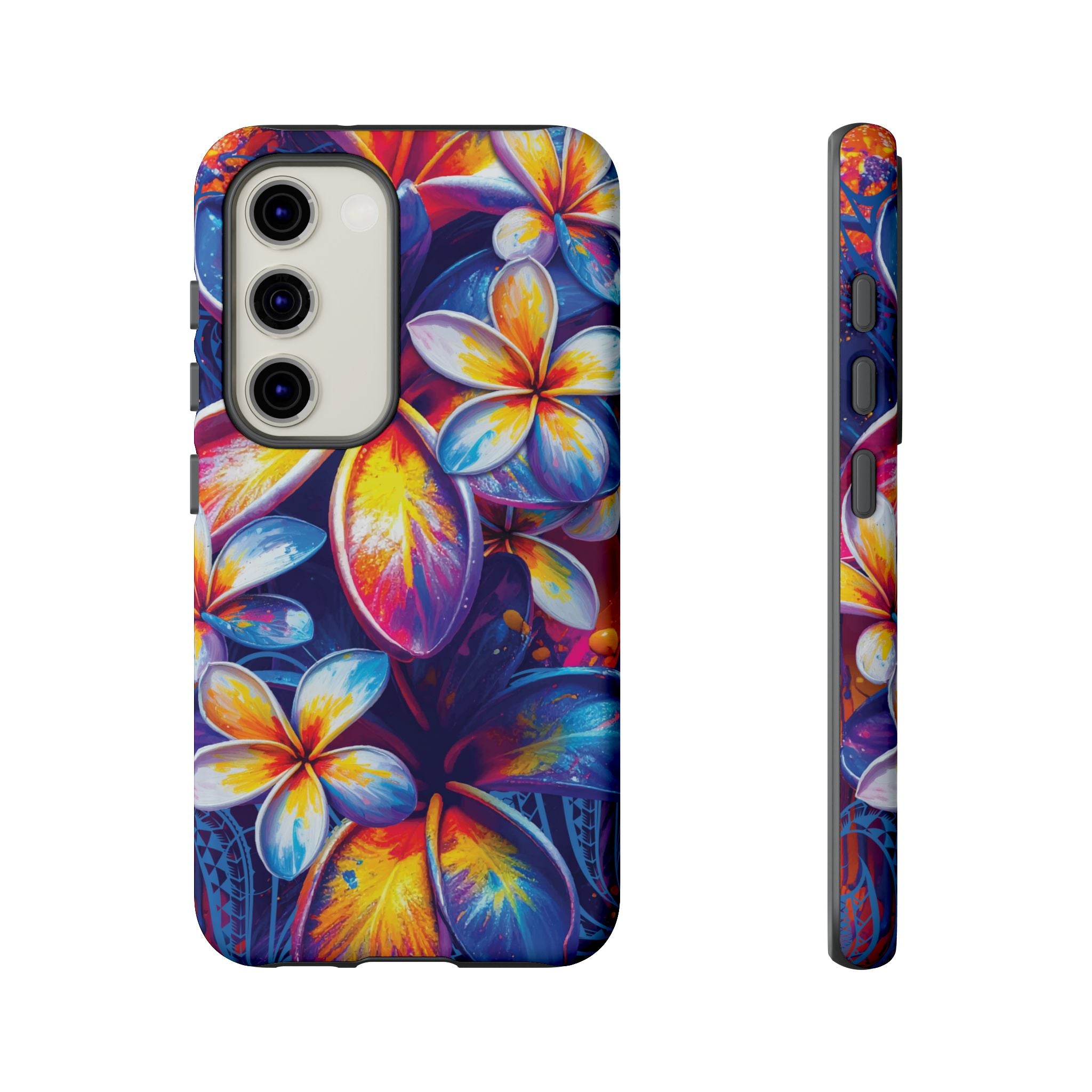 Woman holding Sunset Ink Tough Samsung Galaxy Case - Hawaiian Plumeria Street Art Graffiti Tropical Design - The Local Banyan