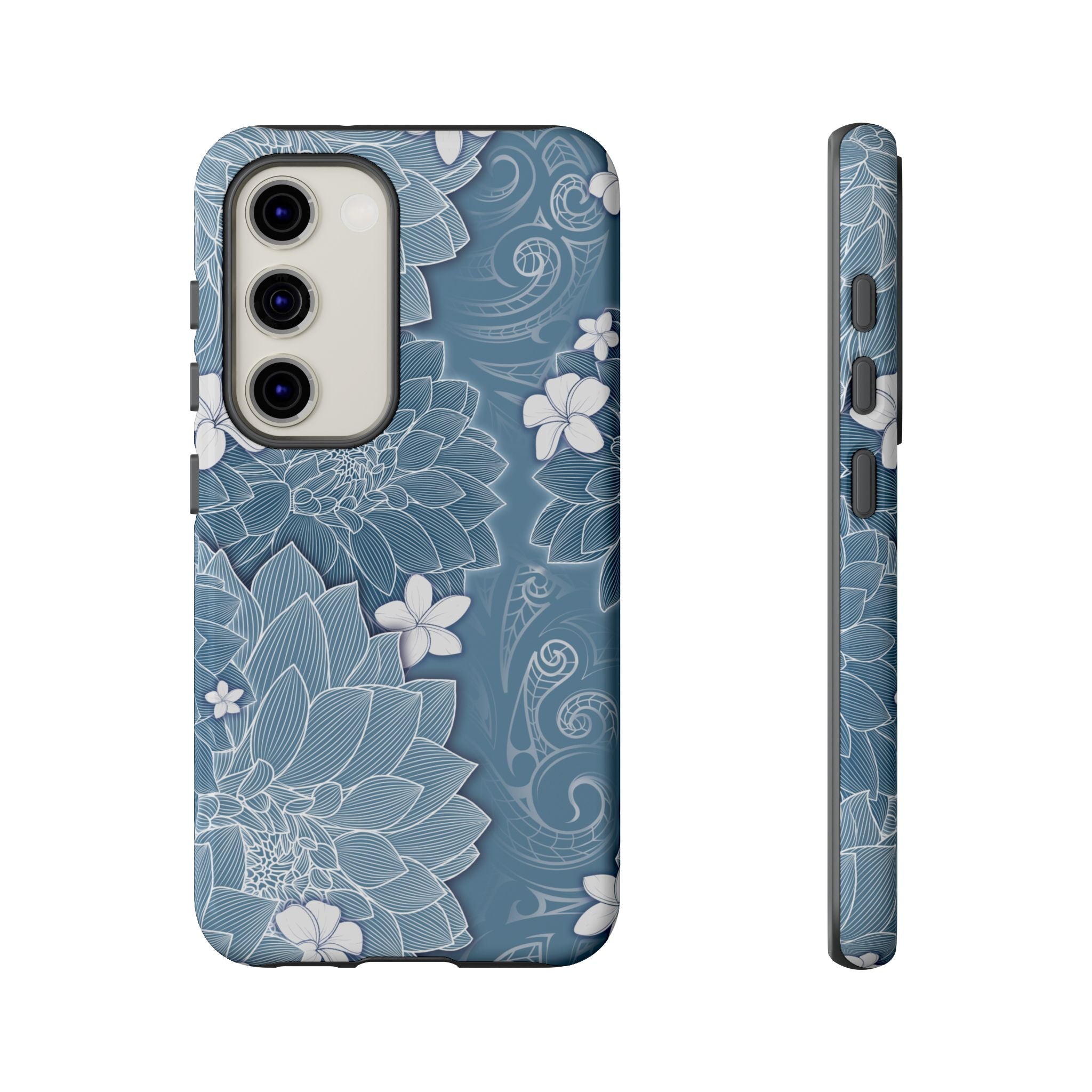 Woman holding Pua La Tough Samsung Galaxy Case - Hawaiian Golden Hibiscus Sun Flower Sapphire Design - The Local Banyan