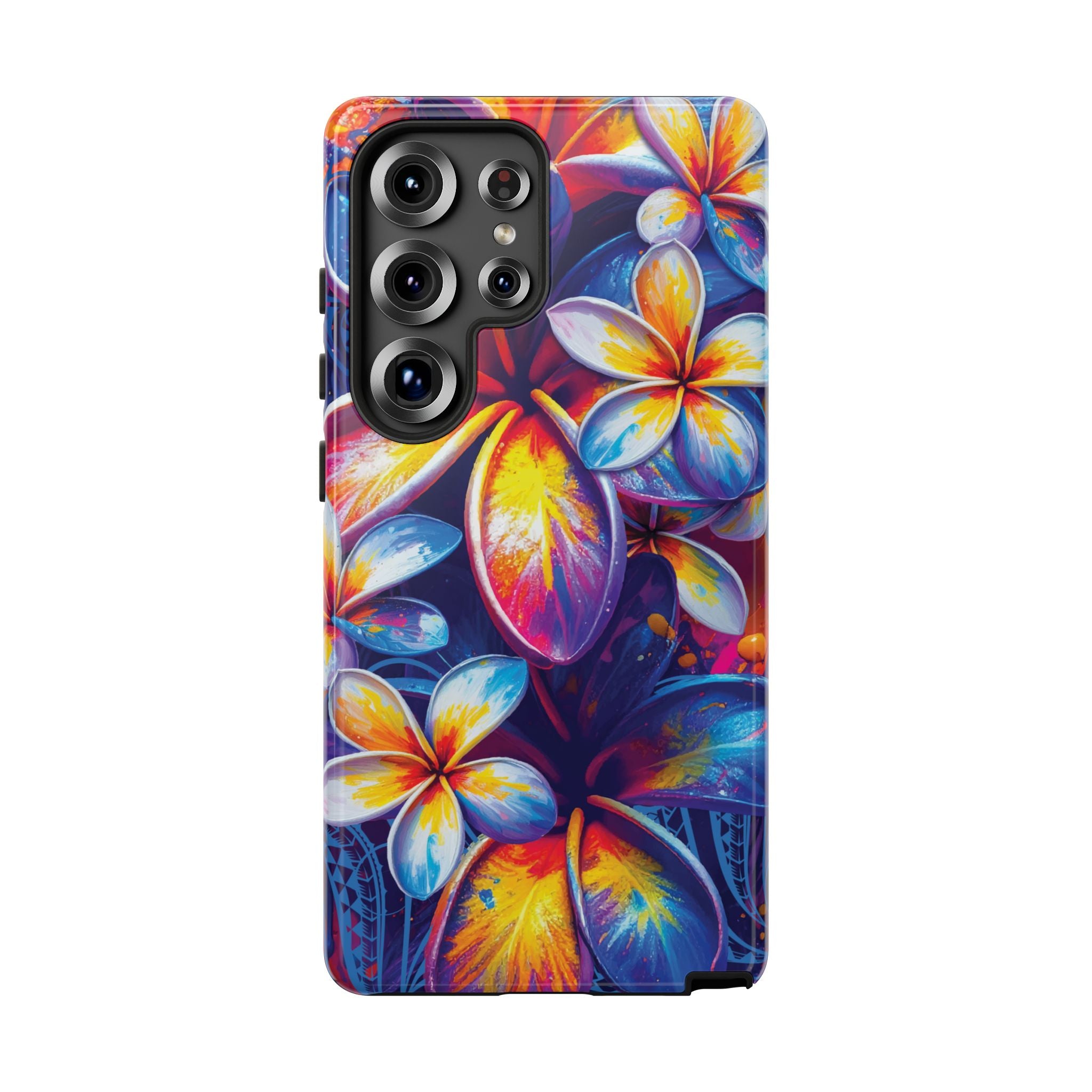 Woman holding Sunset Ink Tough Samsung Galaxy Case - Hawaiian Plumeria Street Art Graffiti Tropical Design - The Local Banyan