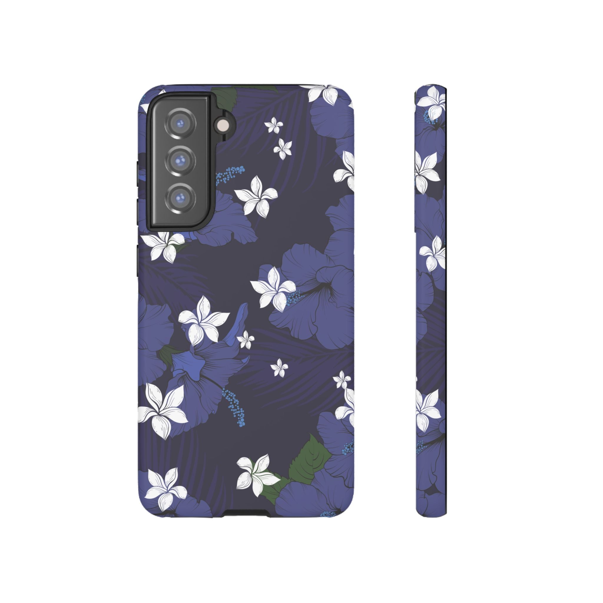 Vintage Blue Tough Samsung Galaxy Case Samsung Galaxy S21 FE Matte - Hawaiian Indigo Hibiscus White Plumeria Design - The Local Banyan