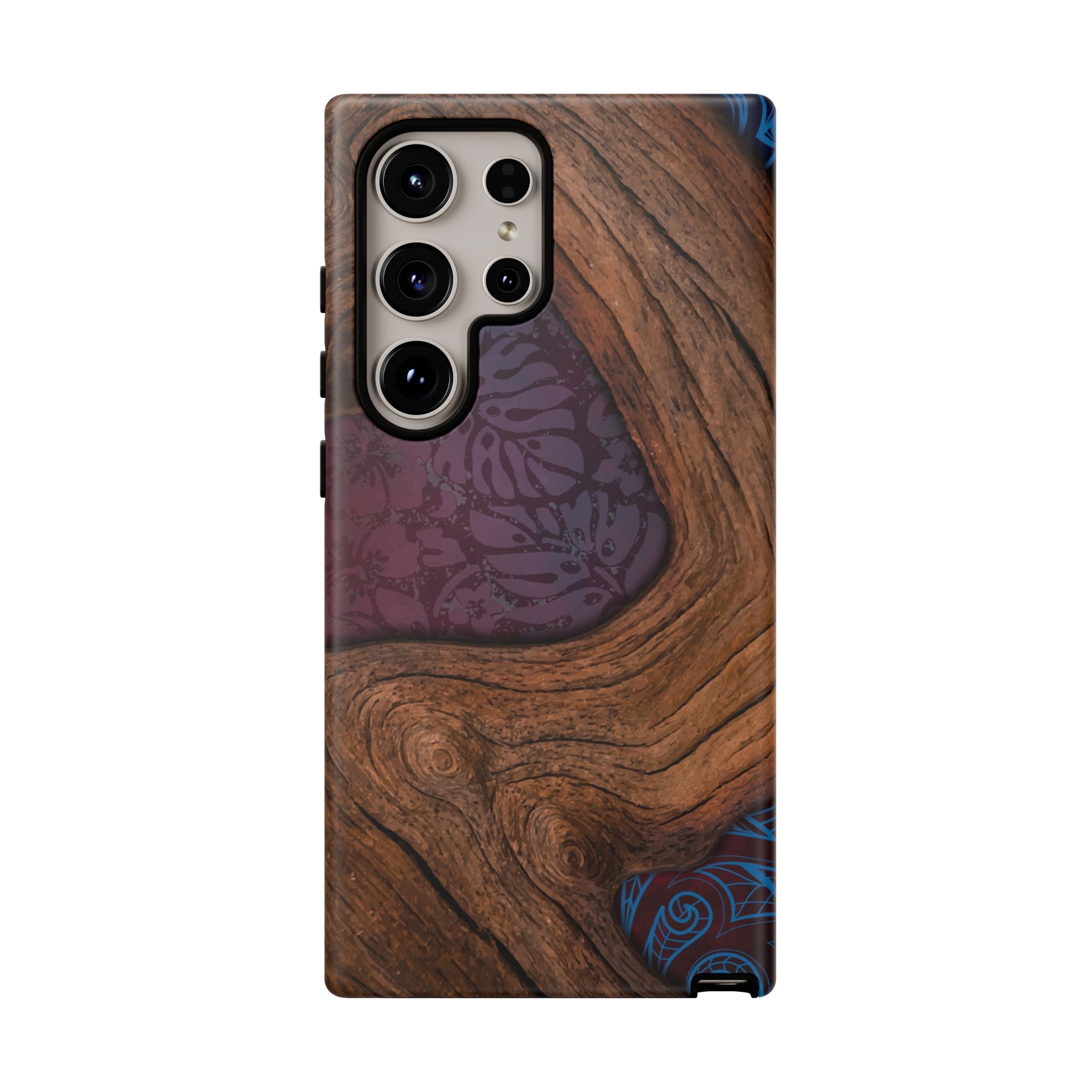 Rooted Tough Samsung Galaxy Case Detail View - Hawaiian Koa Wood Island Strength Tribal Design Close Up - The Local Banyan