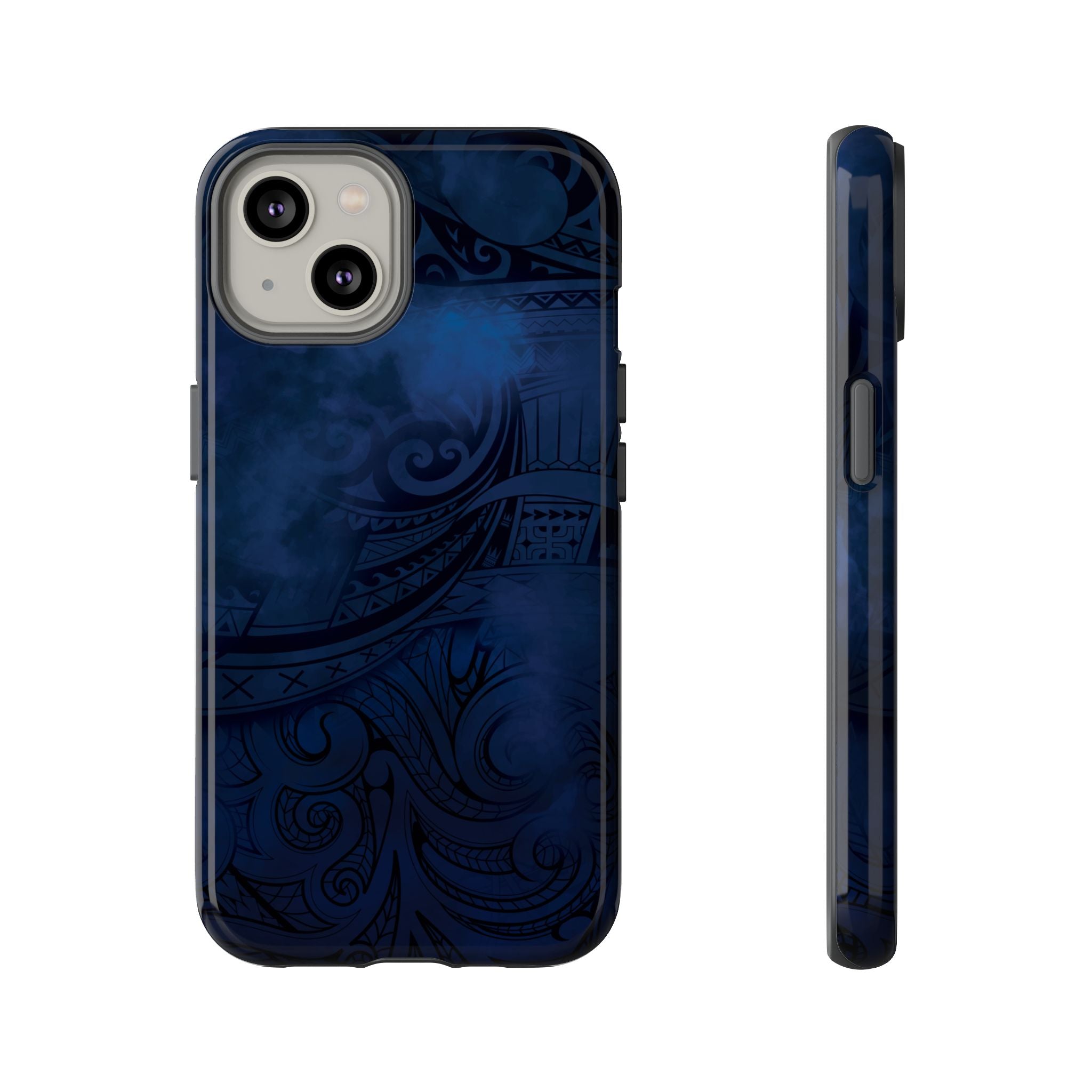 Midnight Essence Tough iPhone Case Detail View - Hawaiian Midnight Navy Polynesian Tribal Design Close Up - The Local Banyan