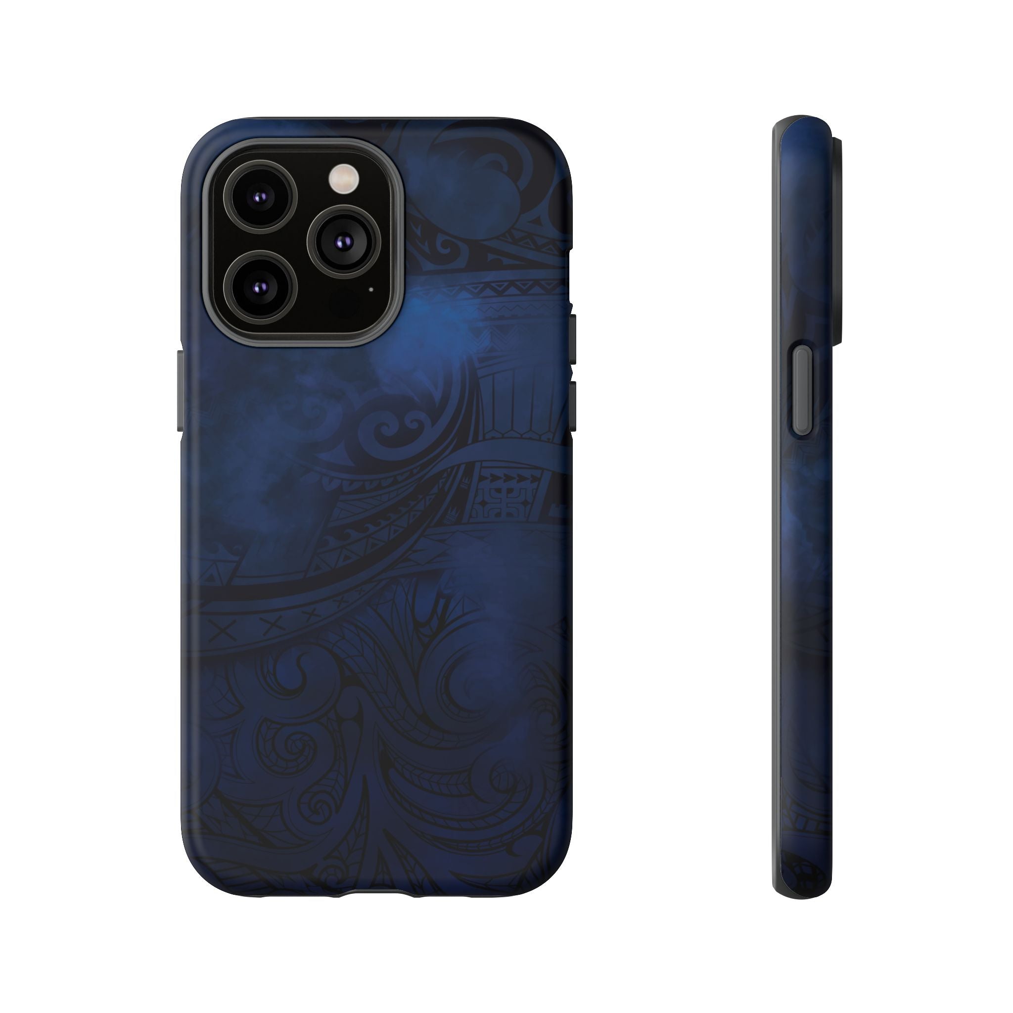 Woman holding Midnight Essence Tough iPhone Case - Hawaiian Midnight Navy Polynesian Tribal Design - The Local Banyan