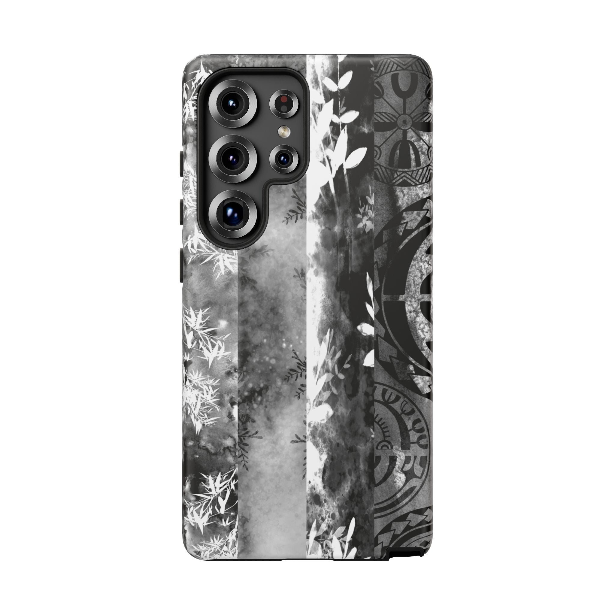 Monochrome Oasis Tough Samsung Galaxy Case Detail View - Hawaiian Black White Botanical Tribal Design Close Up - The Local Banyan