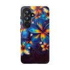 Woman holding Nohea Twilight Tough Samsung Galaxy Case - Hawaiian Blue Orange Plumeria Twilight Design - The Local Banyan