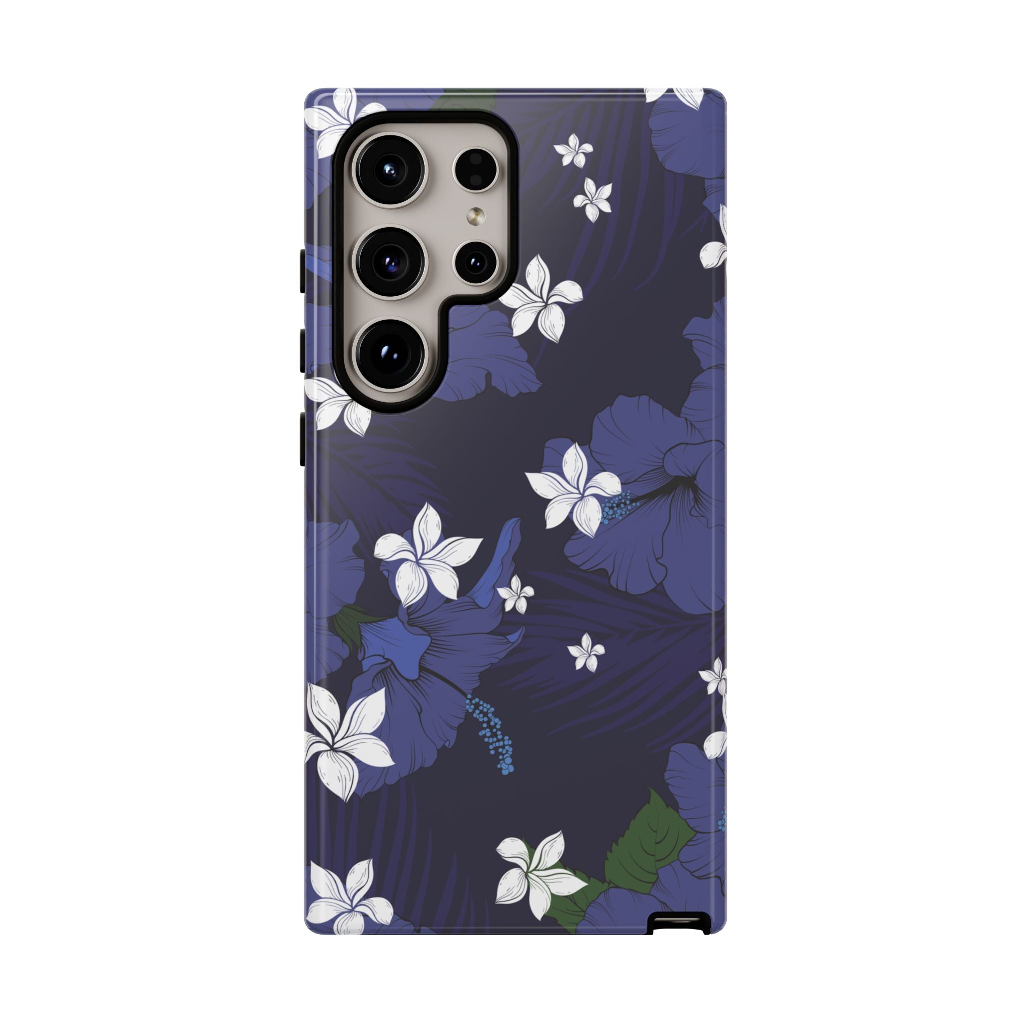 Woman holding Vintage Blue Tough Samsung Galaxy Case - Hawaiian Indigo Hibiscus White Plumeria Design - The Local Banyan