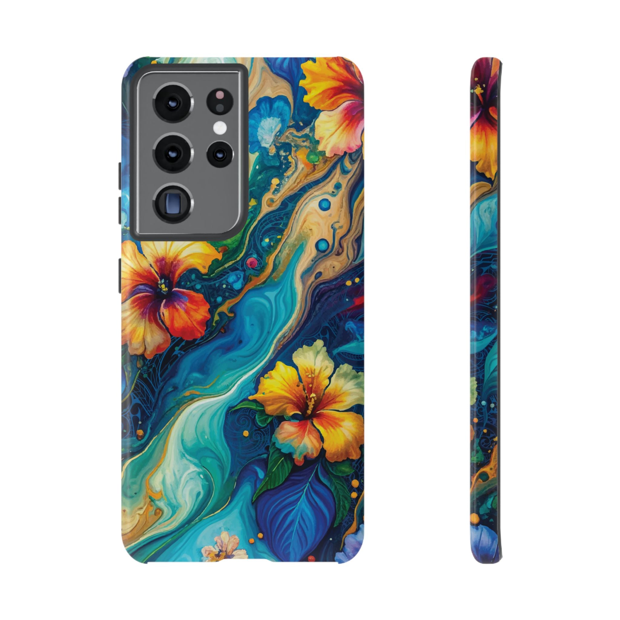Aloalo Drift Tough Samsung Galaxy Case Samsung Galaxy S21 Ultra Glossy - Hawaiian Hibiscus Teal Ocean Wave Design - The Local Banyan