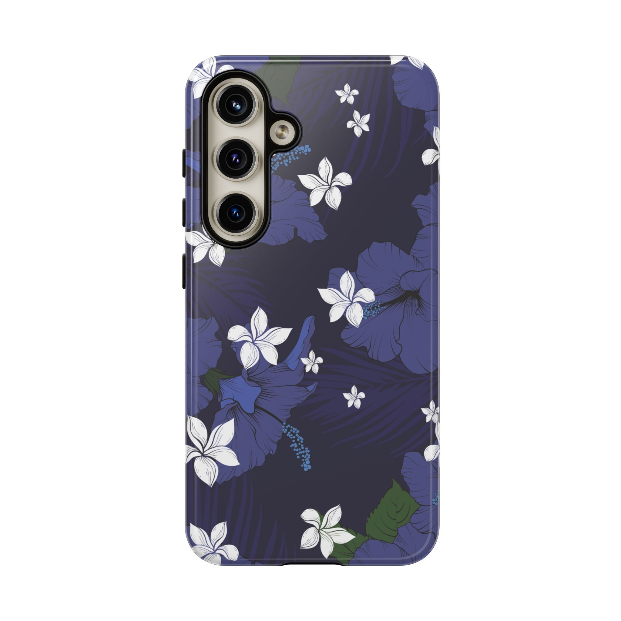 Vintage Blue Tough Samsung Galaxy Case Detail View - Hawaiian Indigo Hibiscus White Plumeria Design Close Up - The Local Banyan