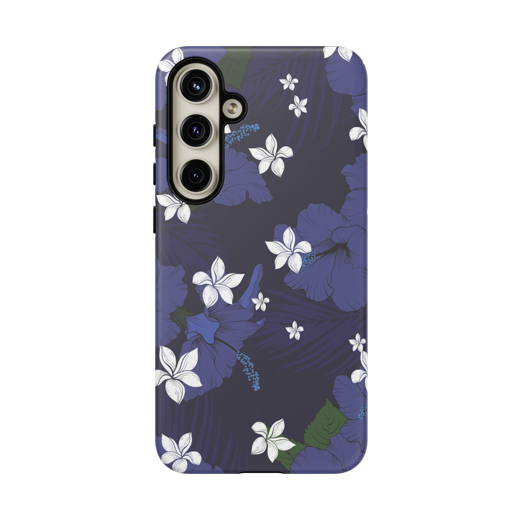 Vintage Blue Tough Samsung Galaxy Case Detail View - Hawaiian Indigo Hibiscus White Plumeria Design Close Up - The Local Banyan