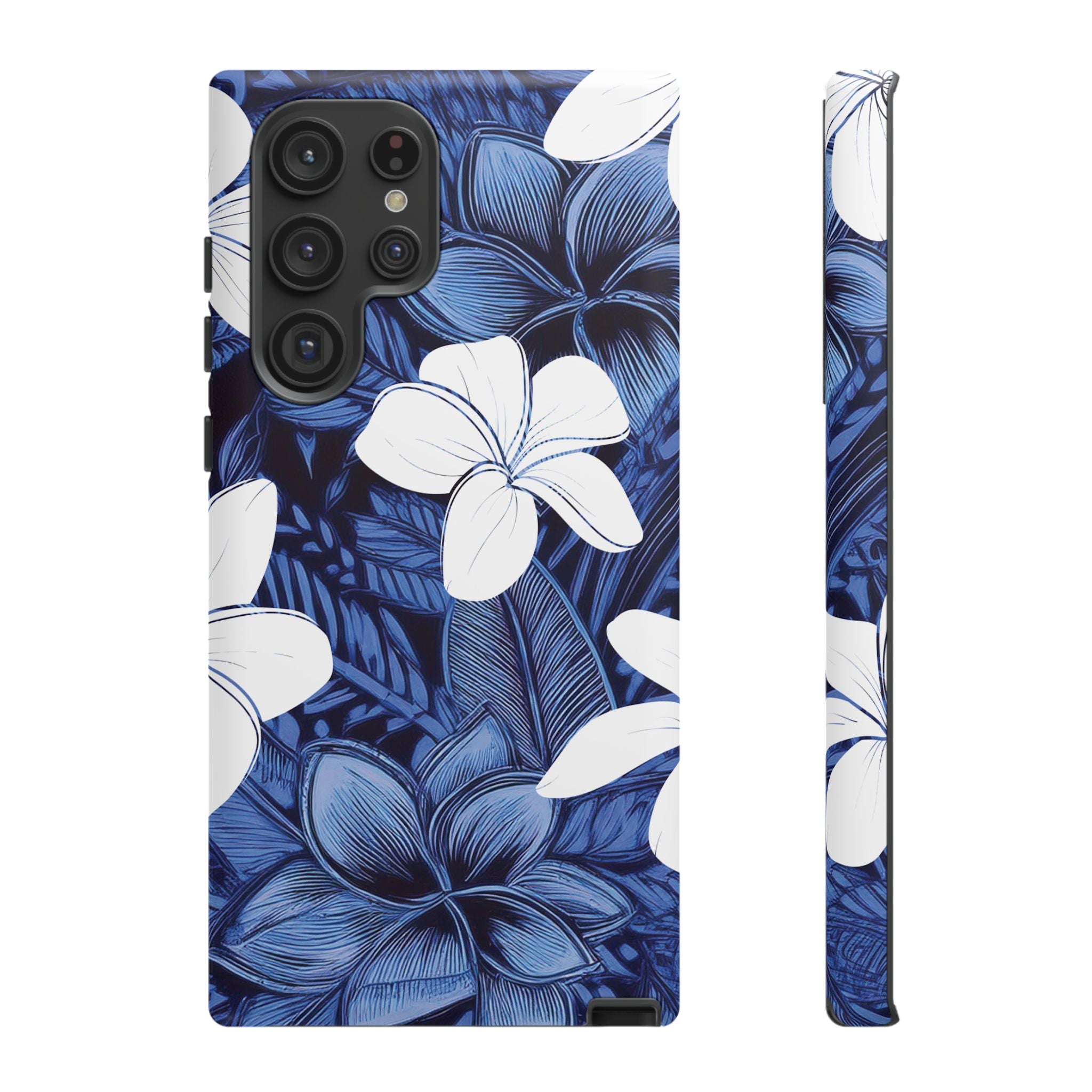 Woman holding Eternal Blue Plumeria Tough Samsung Galaxy Case - Hawaiian Blue Plumeria Ocean Floral Design - The Local Banyan