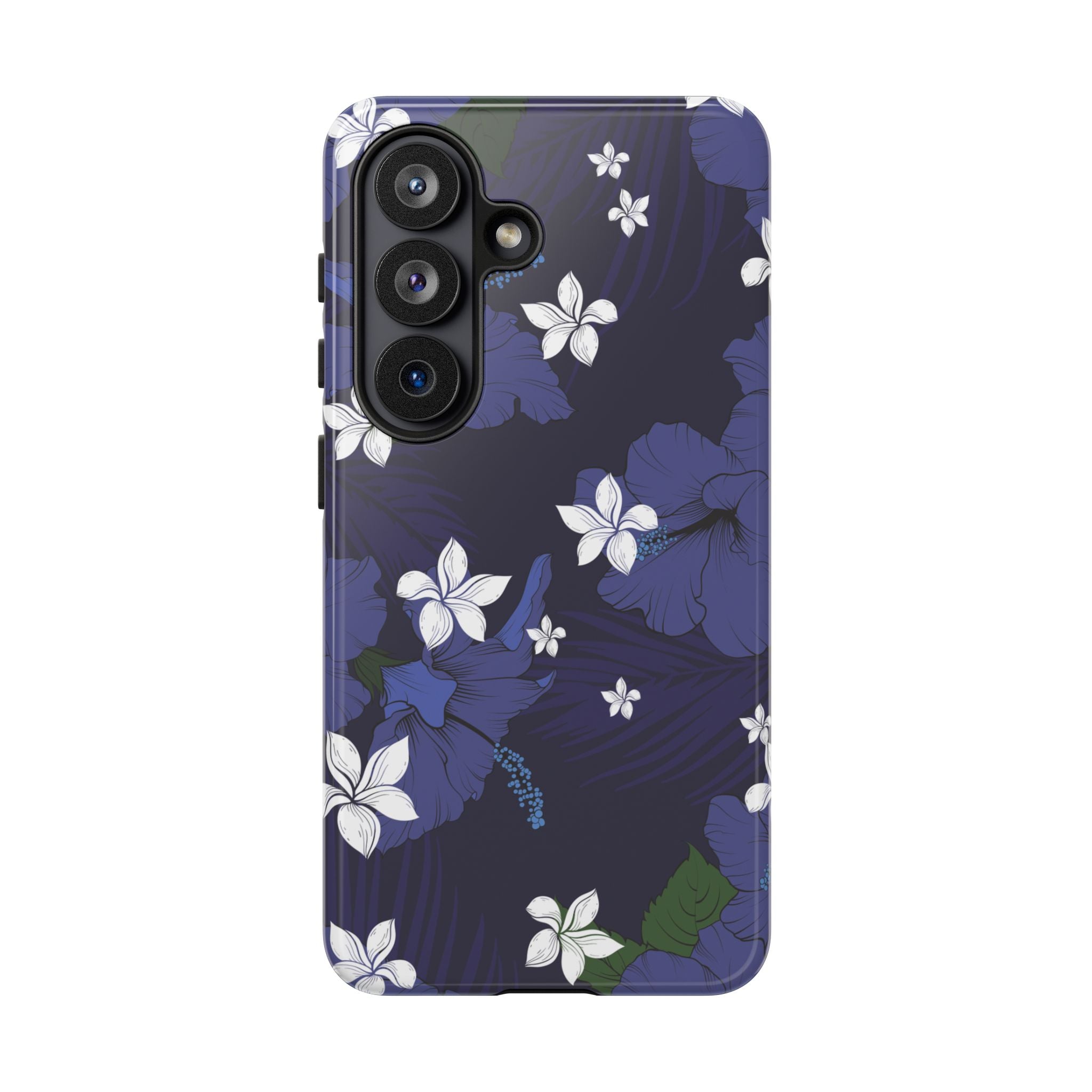 Vintage Blue Tough Samsung Galaxy Case Detail View - Hawaiian Indigo Hibiscus White Plumeria Design Close Up - The Local Banyan
