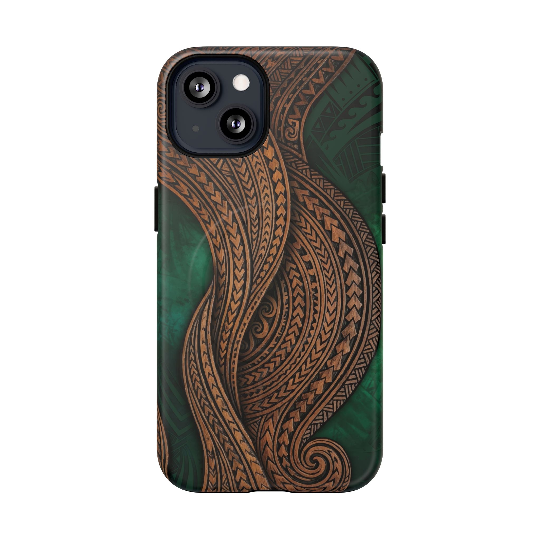 Island Kalai MagSafe iPhone Case Detail View - Hawaiian Carved Wood Grain Emerald Green Tribal Design Close Up - The Local Banyan