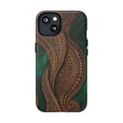 Island Kalai MagSafe iPhone Case Detail View - Hawaiian Carved Wood Grain Emerald Green Tribal Design Close Up - The Local Banyan