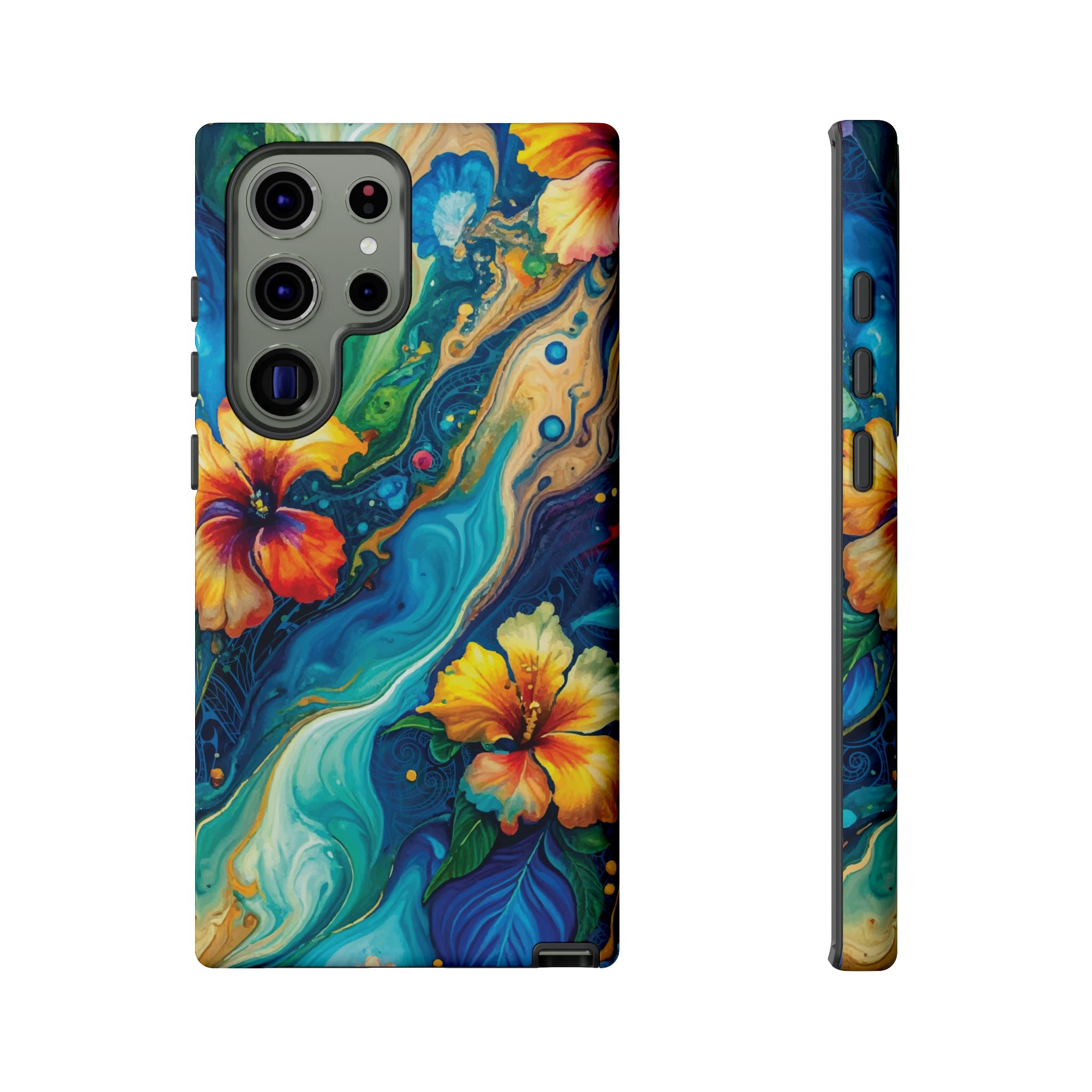 Aloalo Drift Tough Samsung Galaxy Case Detail View - Hawaiian Hibiscus Teal Ocean Wave Design Close Up - The Local Banyan