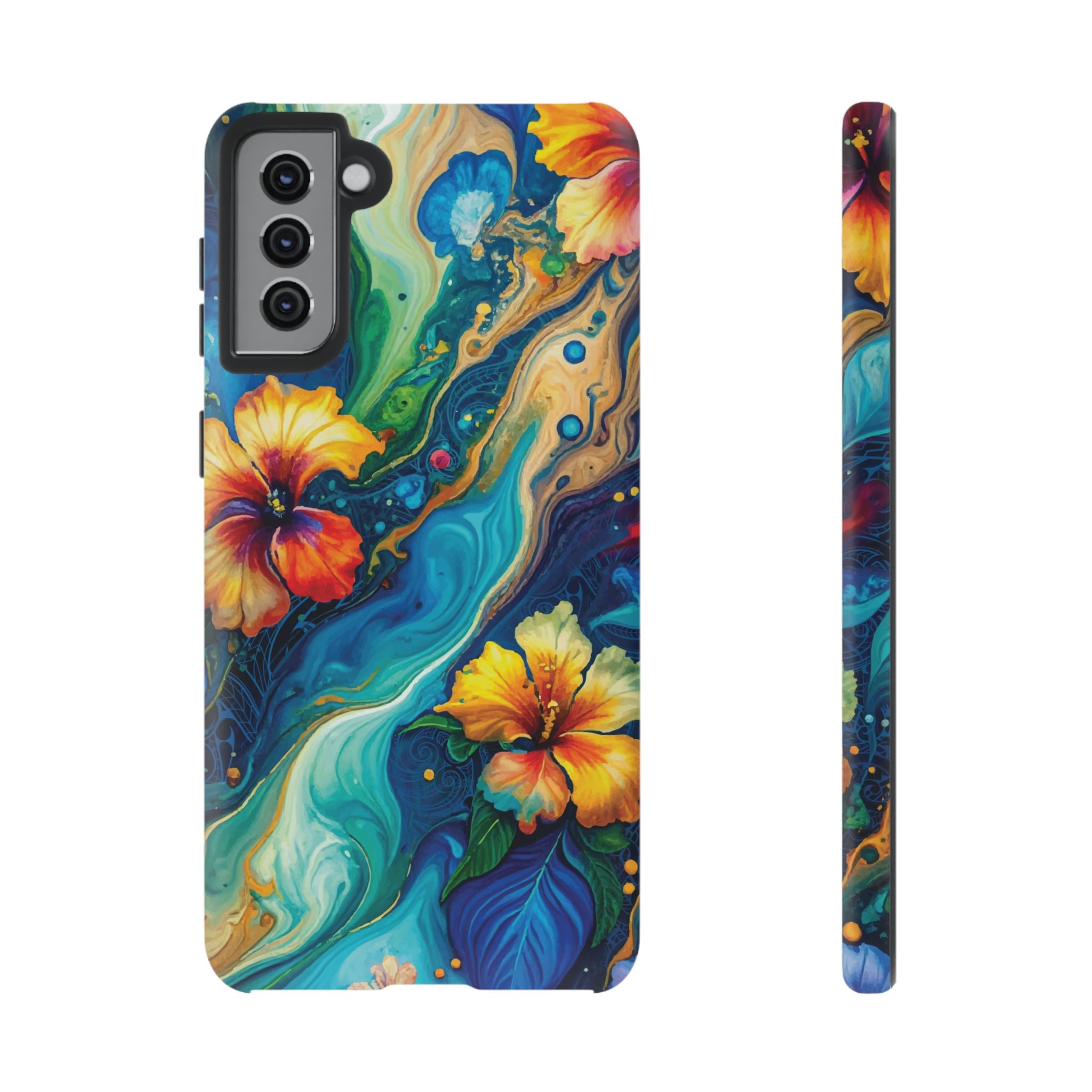 Aloalo Drift Tough Samsung Galaxy Case Samsung Galaxy S21 Plus Matte - Hawaiian Hibiscus Teal Ocean Wave Design - The Local Banyan