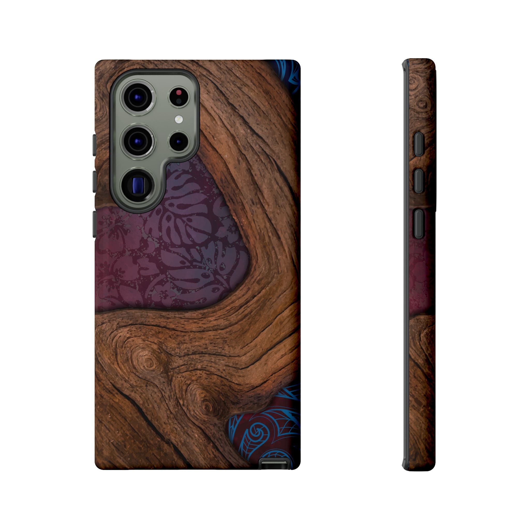 Rooted Tough Samsung Galaxy Case Detail View - Hawaiian Koa Wood Island Strength Tribal Design Close Up - The Local Banyan