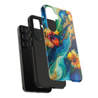 Woman holding Aloalo Drift Tough Samsung Galaxy Case - Hawaiian Hibiscus Teal Ocean Wave Design - The Local Banyan