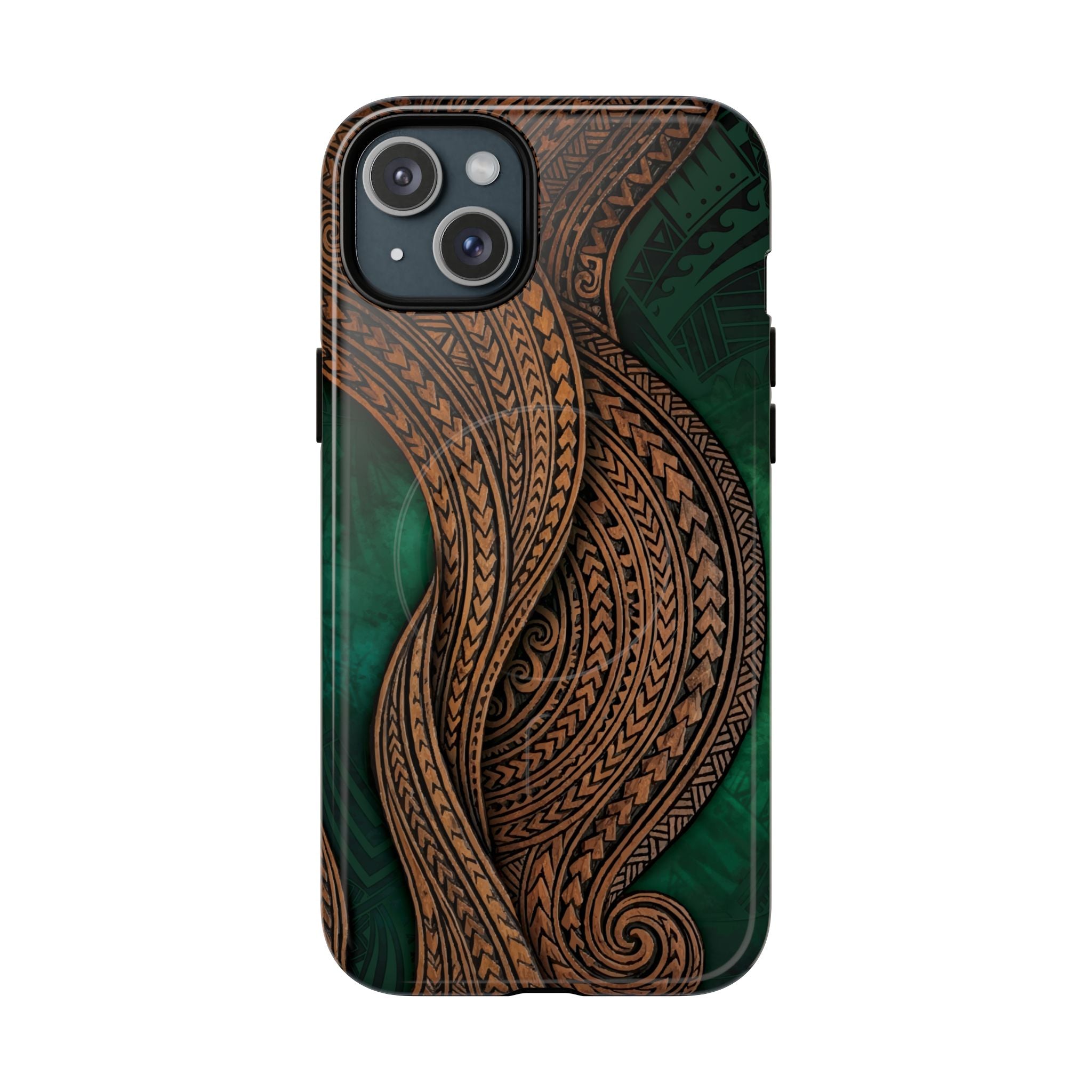Island Kalai MagSafe iPhone Case iPhone 15 Plus Glossy - Hawaiian Carved Wood Grain Emerald Green Tribal Design - The Local Banyan